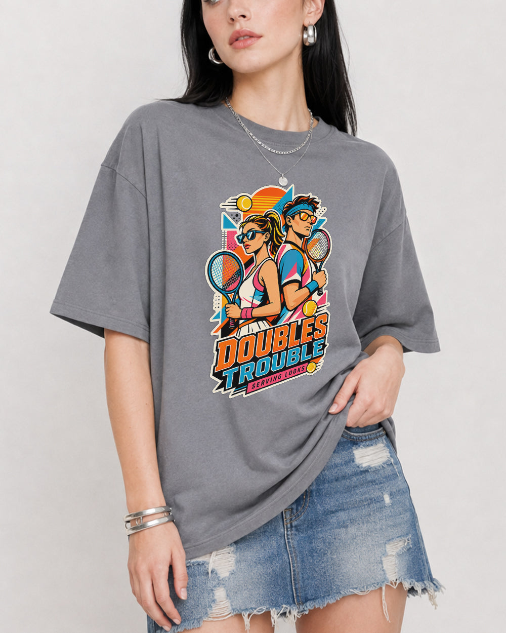 Doubles Trouble Serving Looks Sports Graphic T-Shirt in Gray, front model view 3