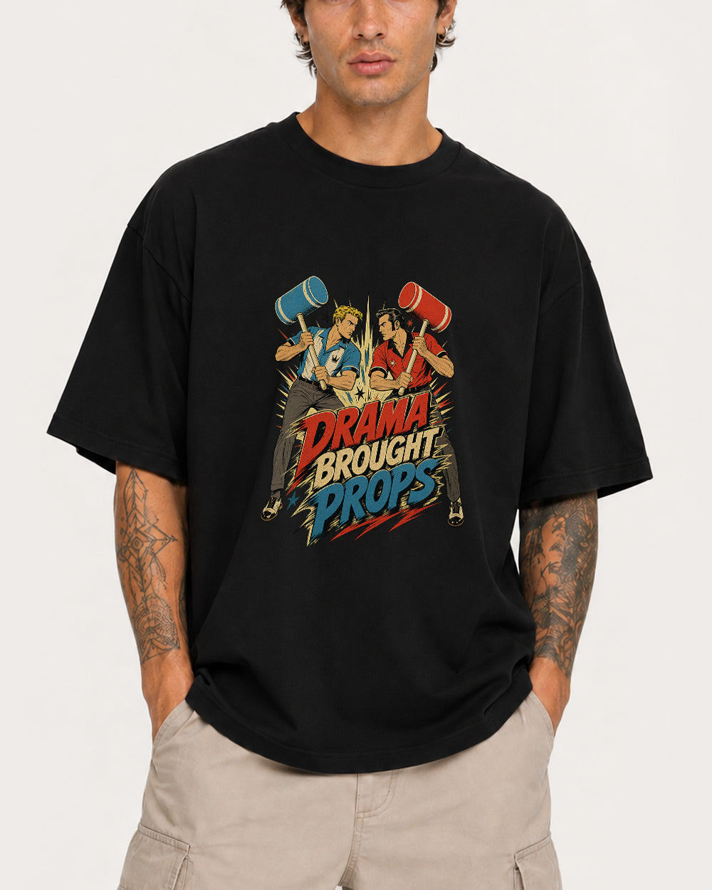 Drama Brought Props Retro Graphic T-Shirt in Black, front model view 1