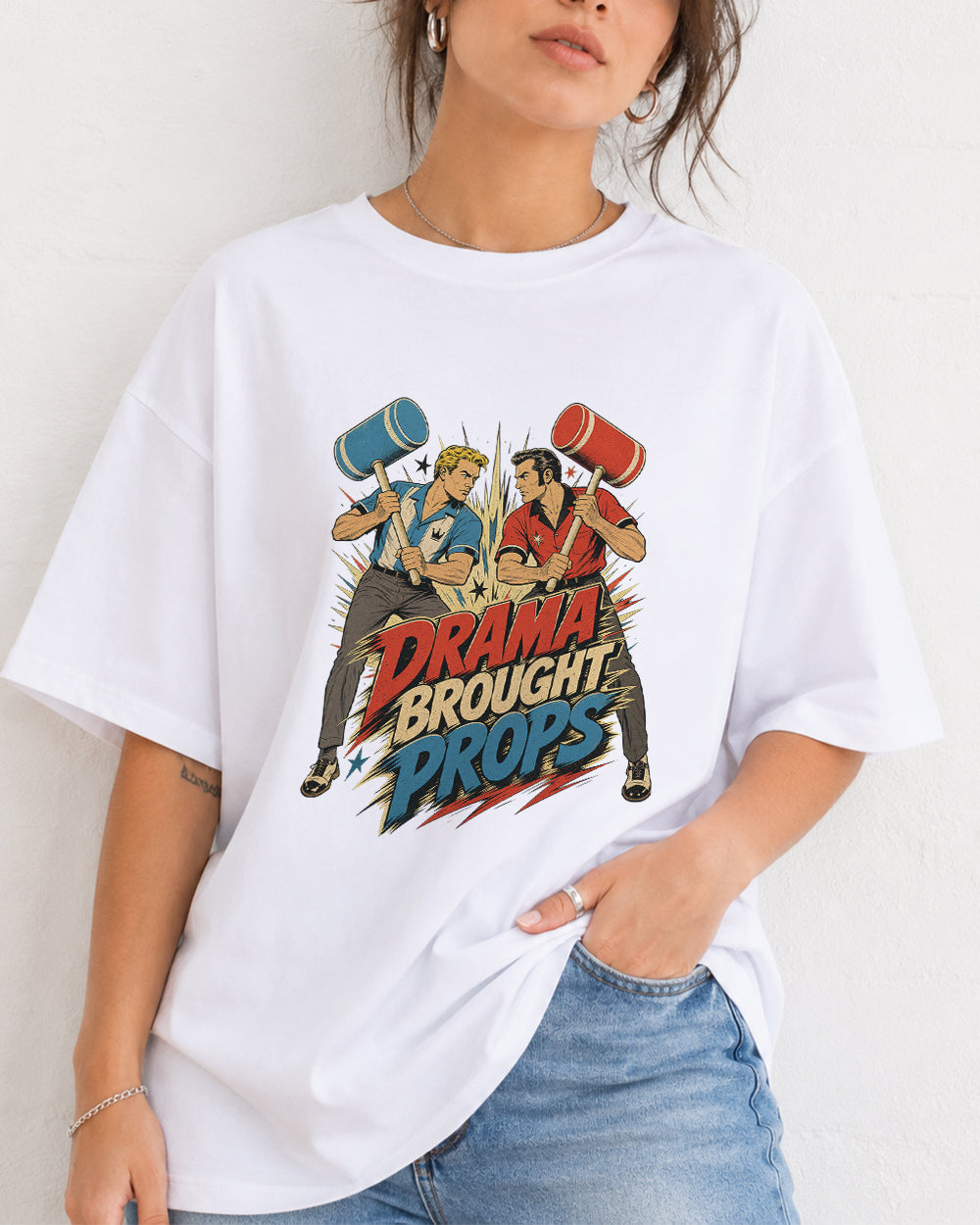 Drama Brought Props Retro Graphic T-Shirt in White, front model view 7