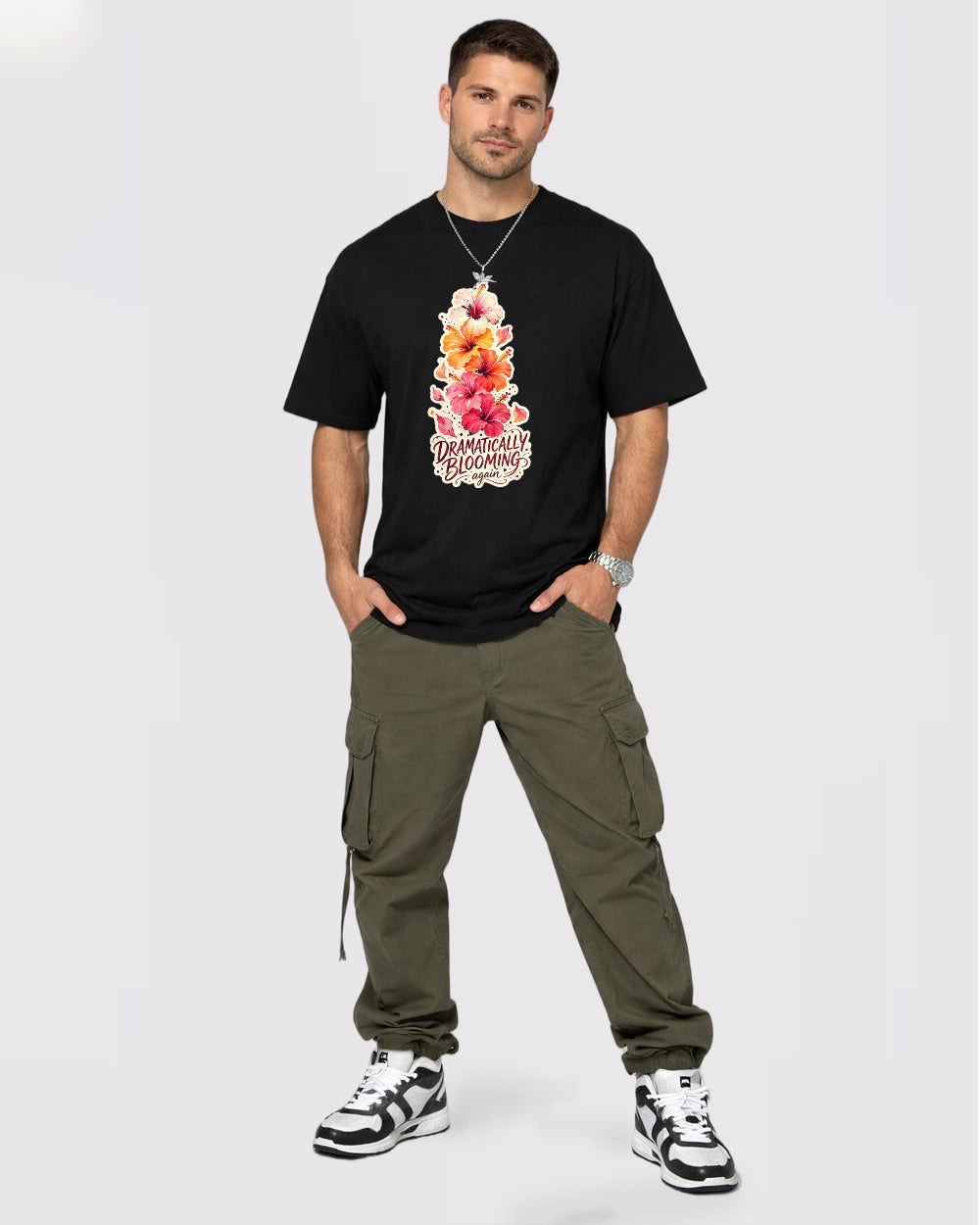 Dramatically Blooming Nature Graphic T-Shirt, full body fit view, image 2