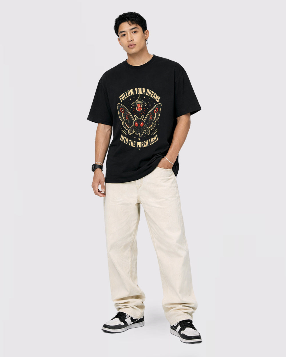 Dreams Follow Your Porch Light Dark Graphic T-Shirt, full body fit view, image 2