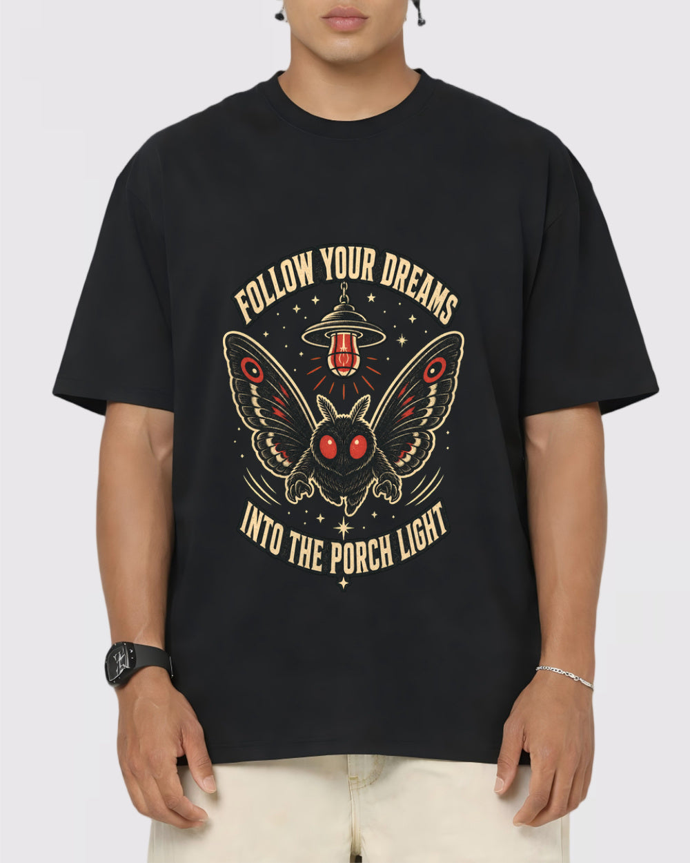 Dreams Follow Your Porch Light Dark Graphic T-Shirt, primary front view, image 1
