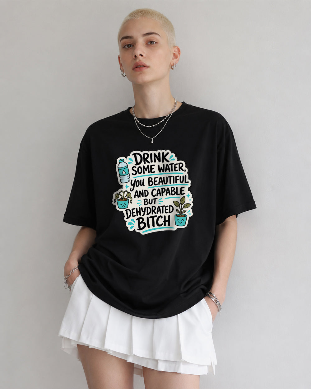Drink Some Water, Beautiful Human Pop Culture Graphic T-Shirt in Black, front model view 1