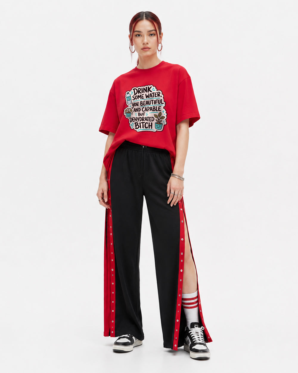 Drink Some Water, Beautiful Human Pop Culture Graphic T-Shirt in Red, front model view 5