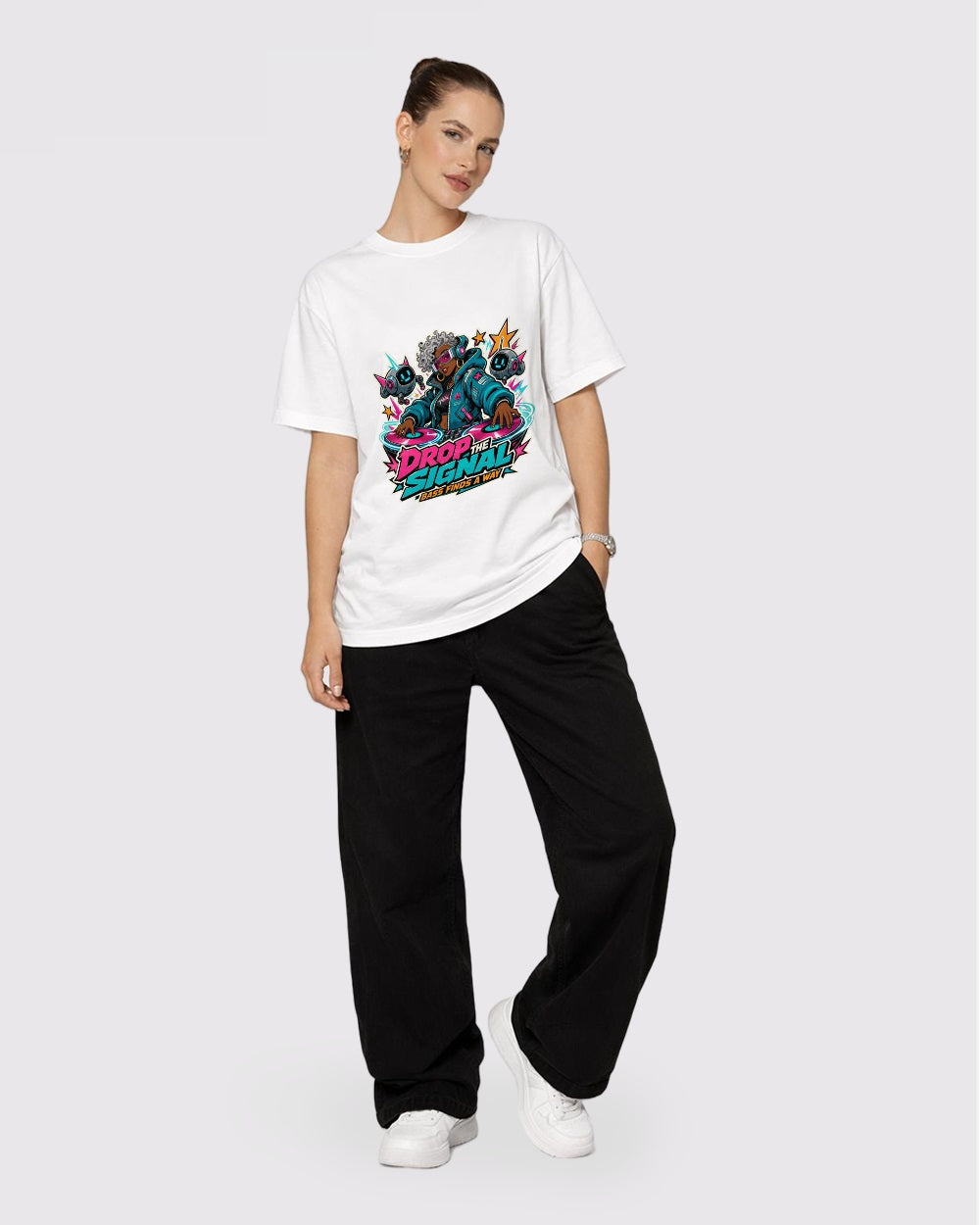 Beige Drop Signal Graphic T-Shirt full body fit view 2 image