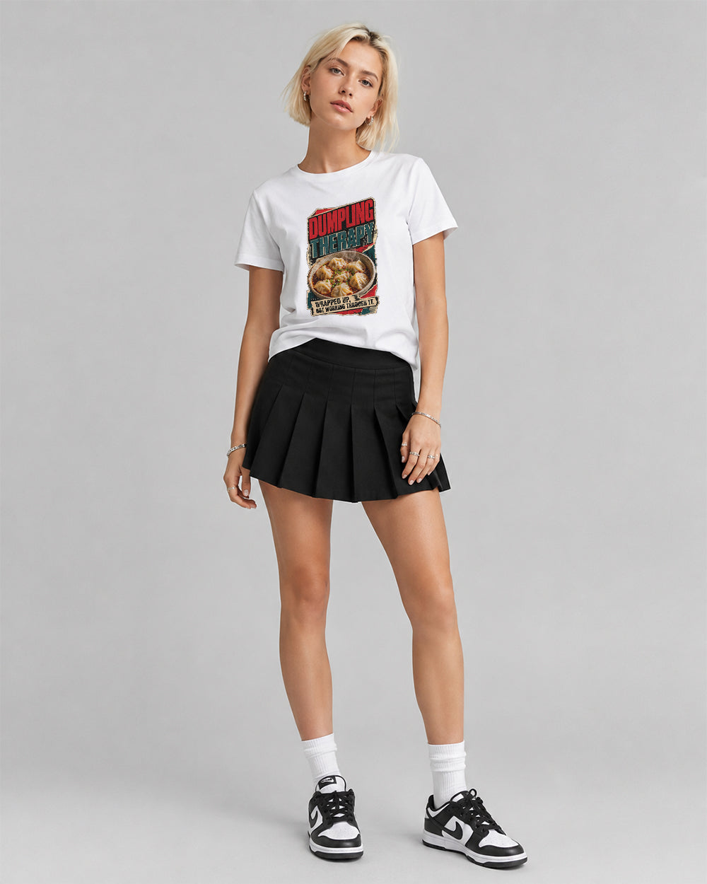 Dumpling Therapy Wrapped Up Not Working Food Graphic T-Shirt in Black, front model view 2
