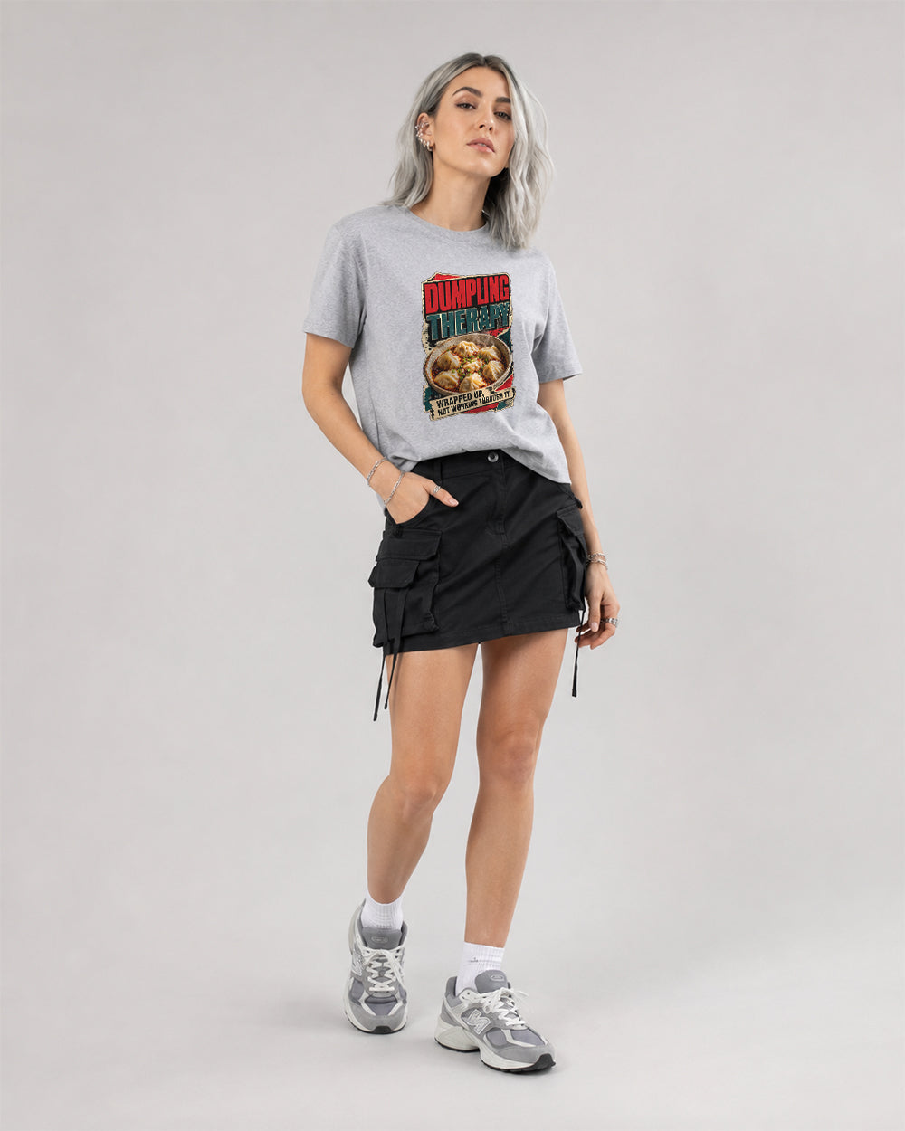 Dumpling Therapy Wrapped Up Not Working Food Graphic T-Shirt in Gray, front model view 1