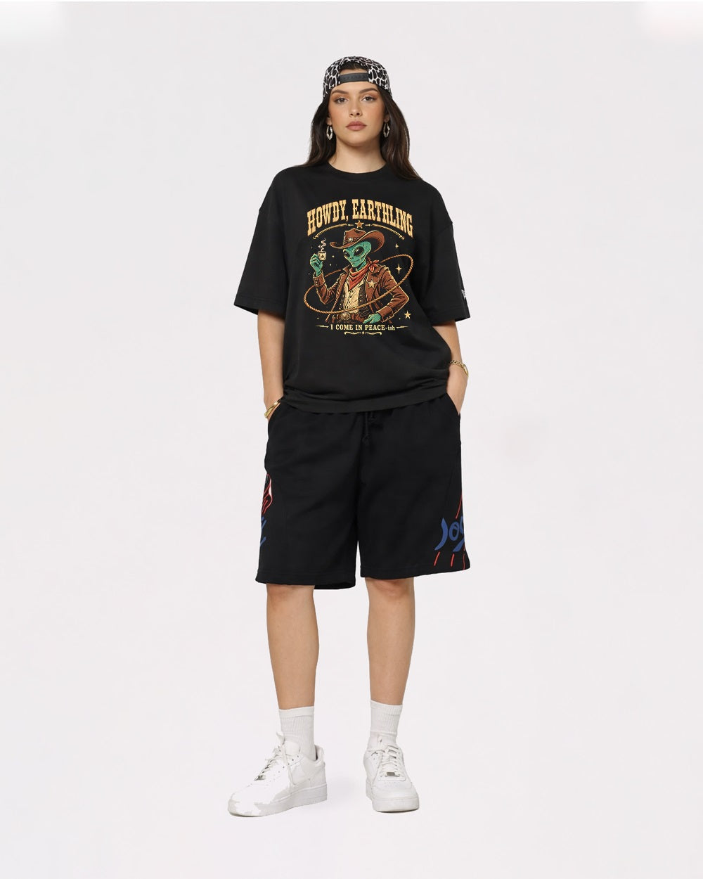 Earthling Howdy, I Come In Peace-ish Gaming Graphic T-Shirt, full body fit view, image 2