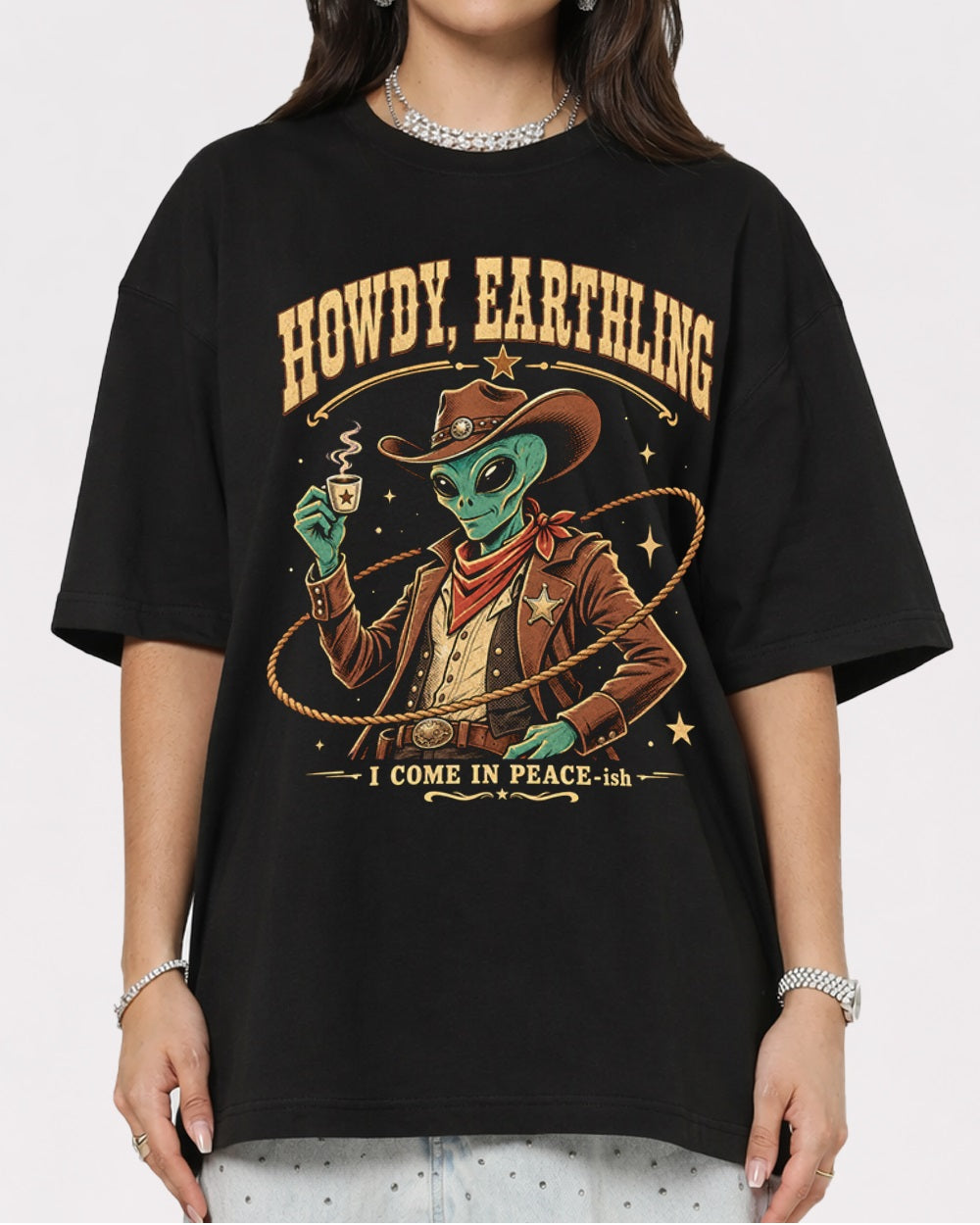 Earthling Howdy, I Come In Peace-ish Gaming Graphic T-Shirt, primary front view, image 1