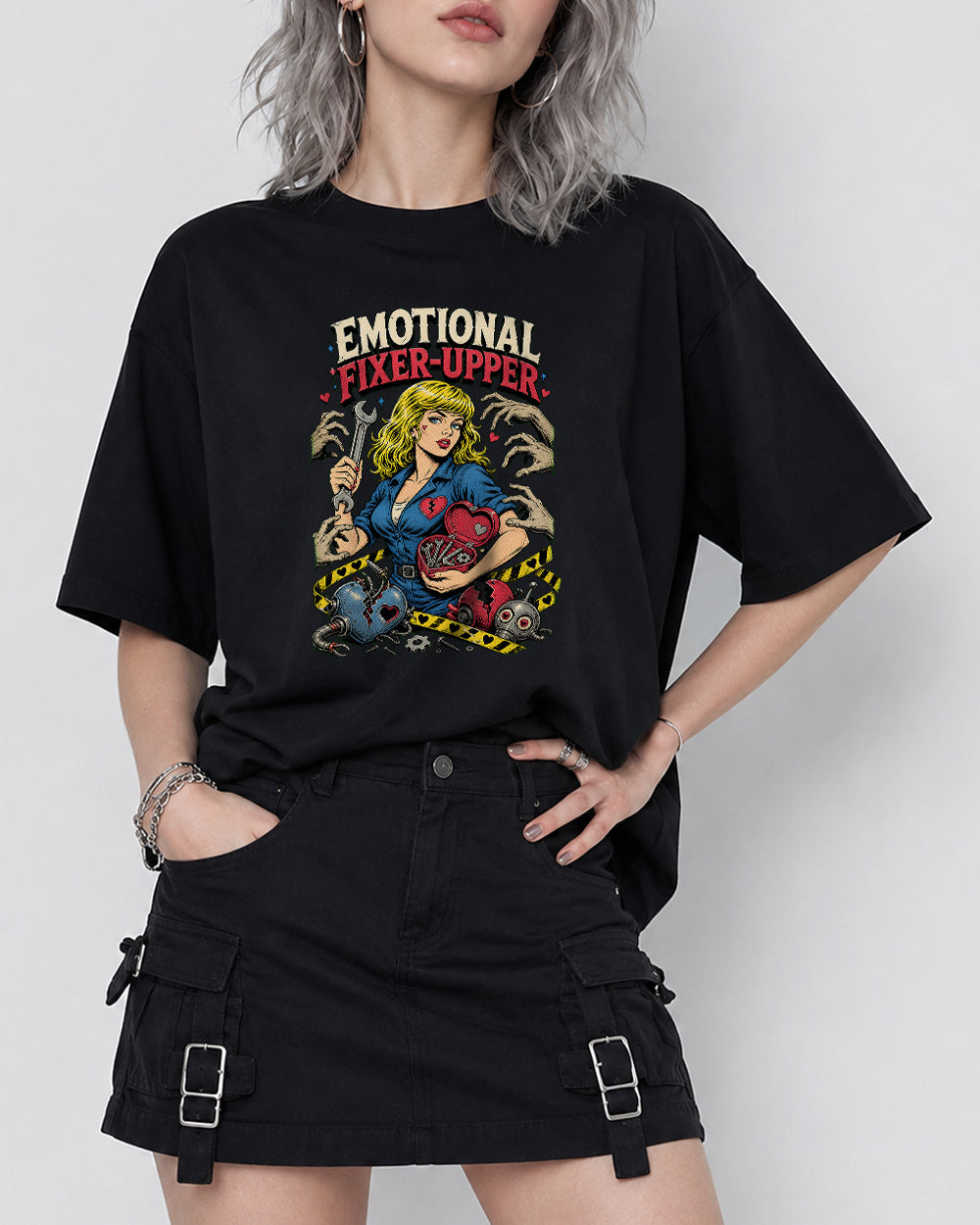Emotional Fixer Upper Retro Graphic T-Shirt in Black, front model view 1