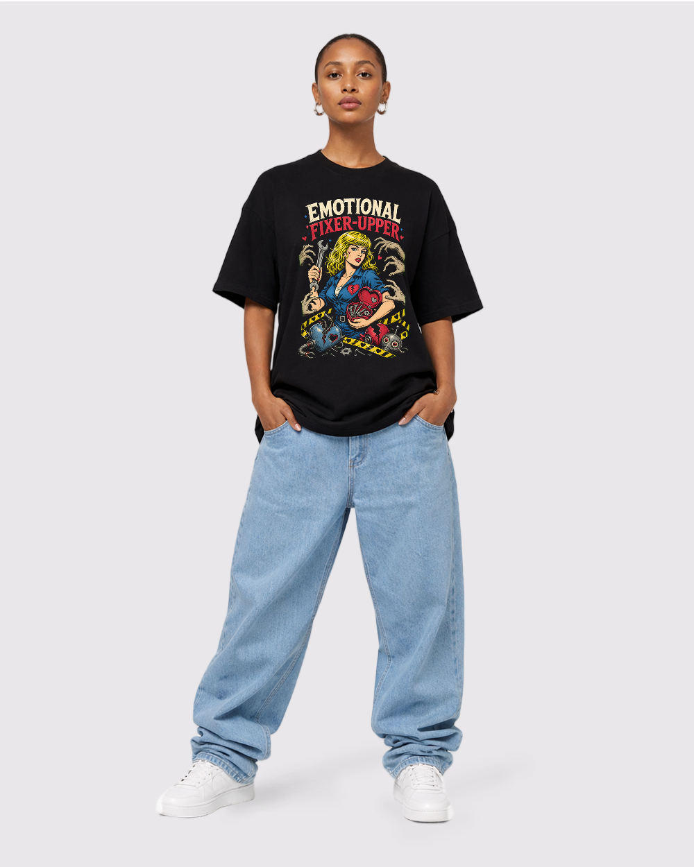 Emotional Fixer Upper Retro Graphic T-Shirt, full body fit view, image 2
