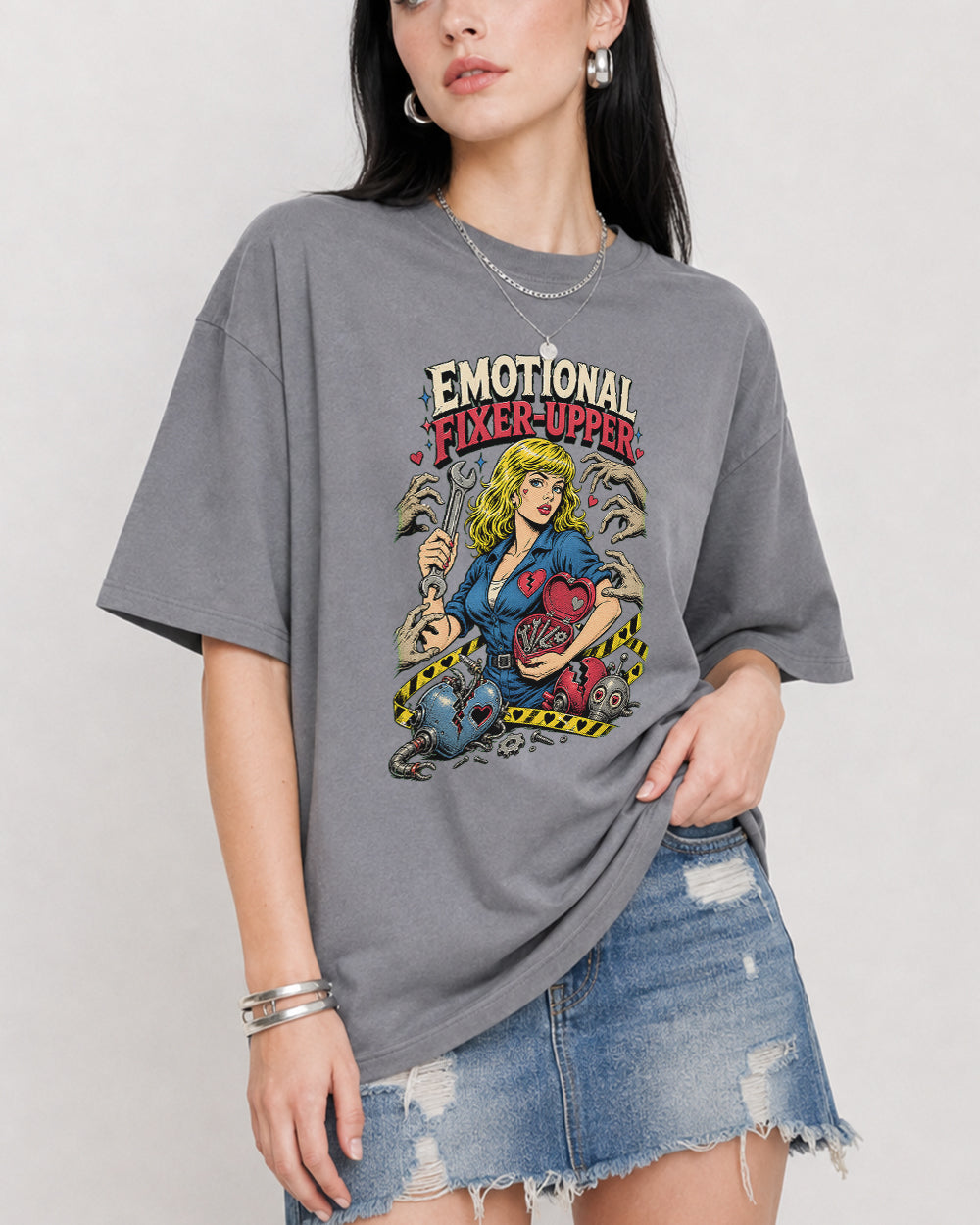Emotional Fixer Upper Retro Graphic T-Shirt in Gray, front model view 3