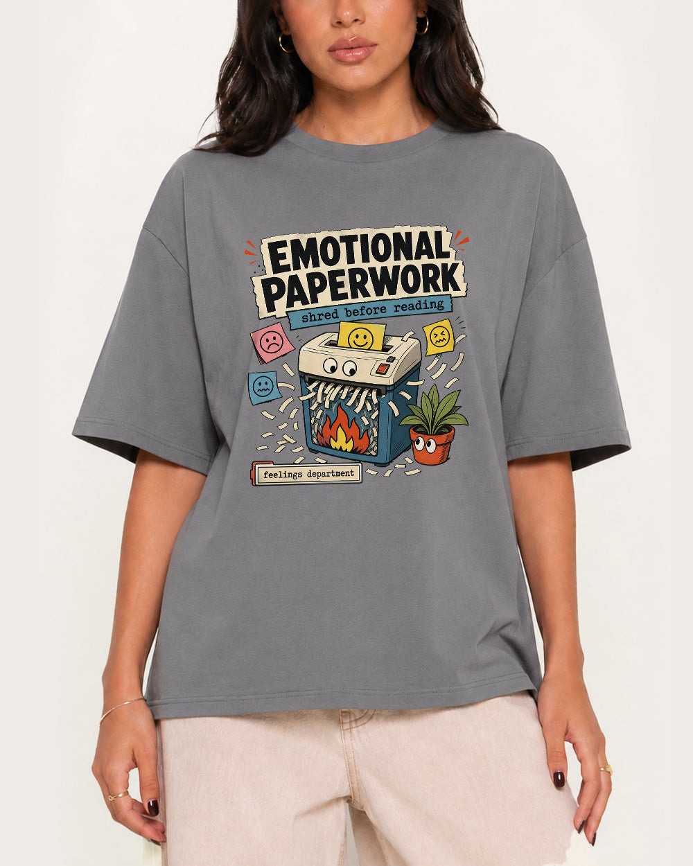 Emotional Paperwork Funny Graphic T-Shirt in Gray, front model view 4