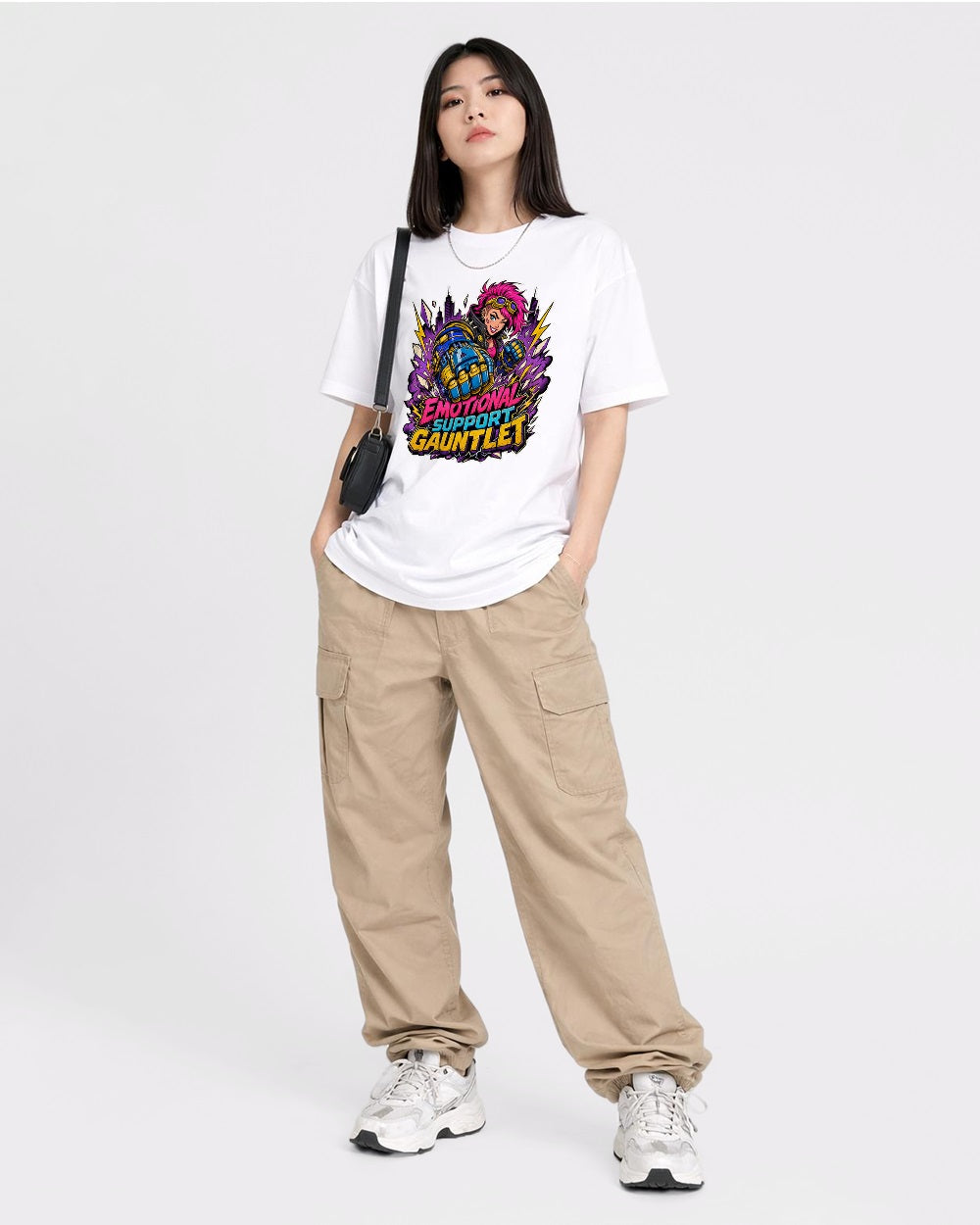 Emotional Support Gauntlet Streetwear Graphic T-Shirt, full body fit view, image 2