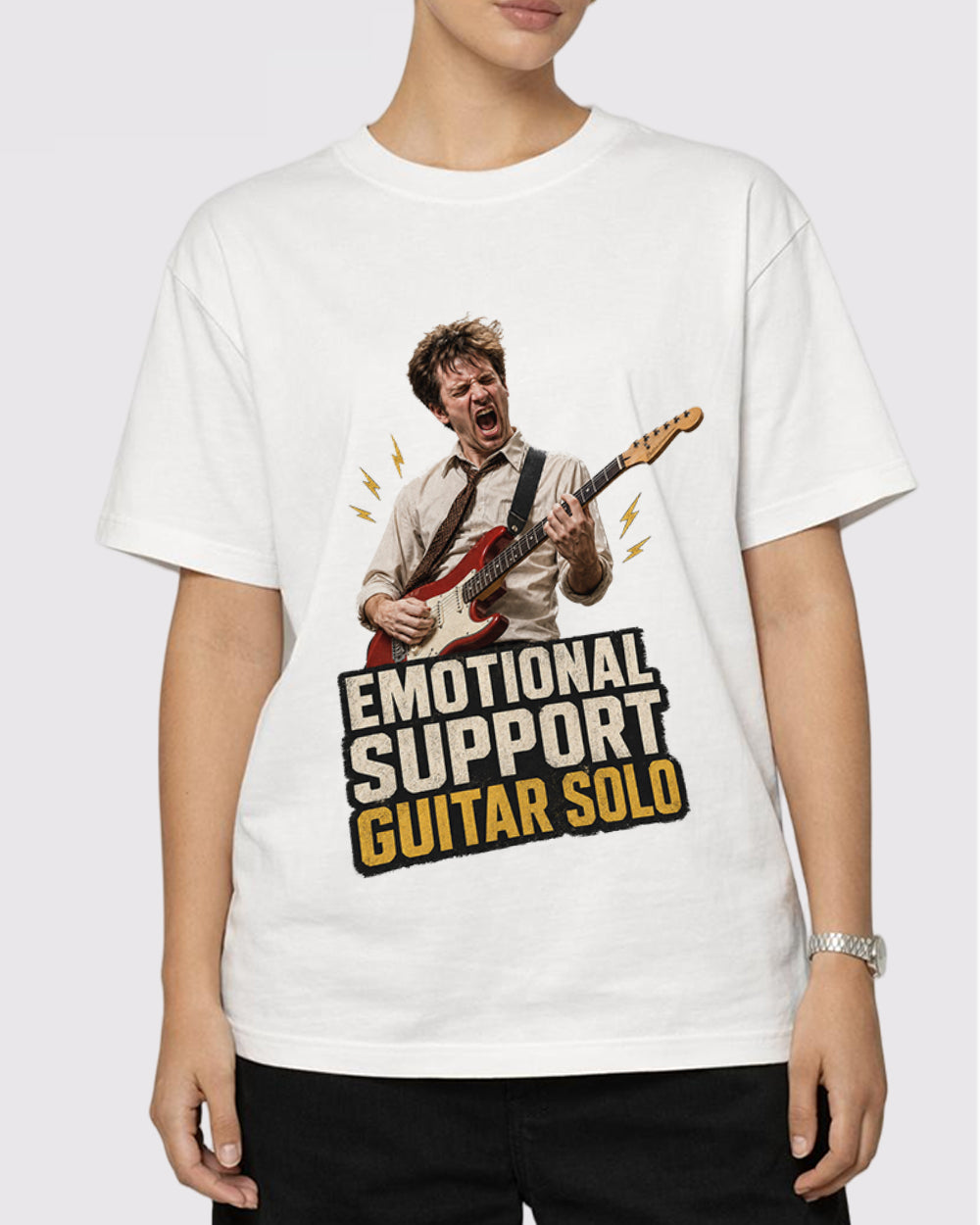 Emotional Support Guitar Solo Rock Pop Culture Graphic T-Shirt, primary front view, image 1