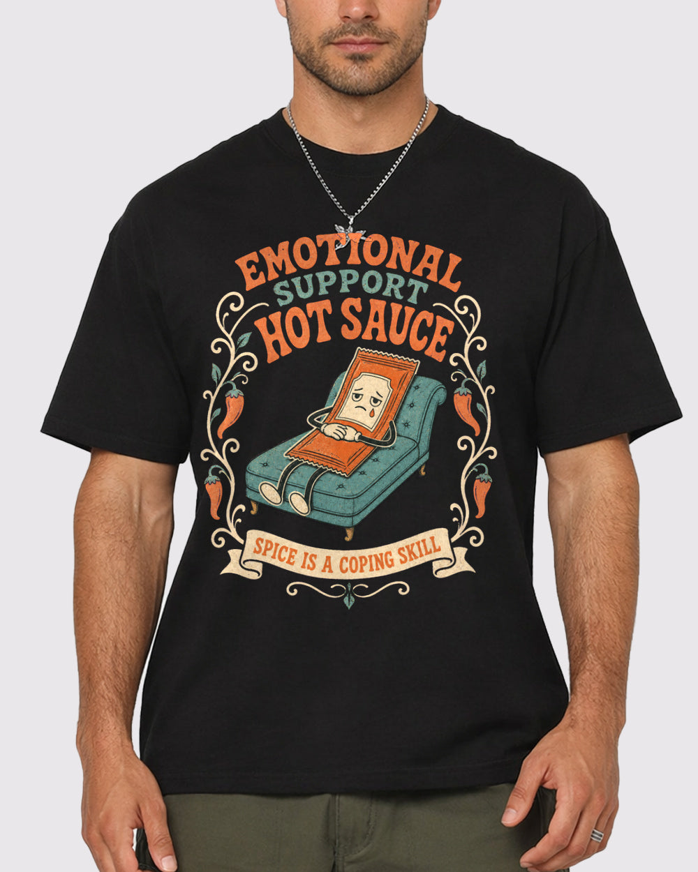 Emotional Support Hot Sauce Food Graphic T-Shirt, primary front view, image 1