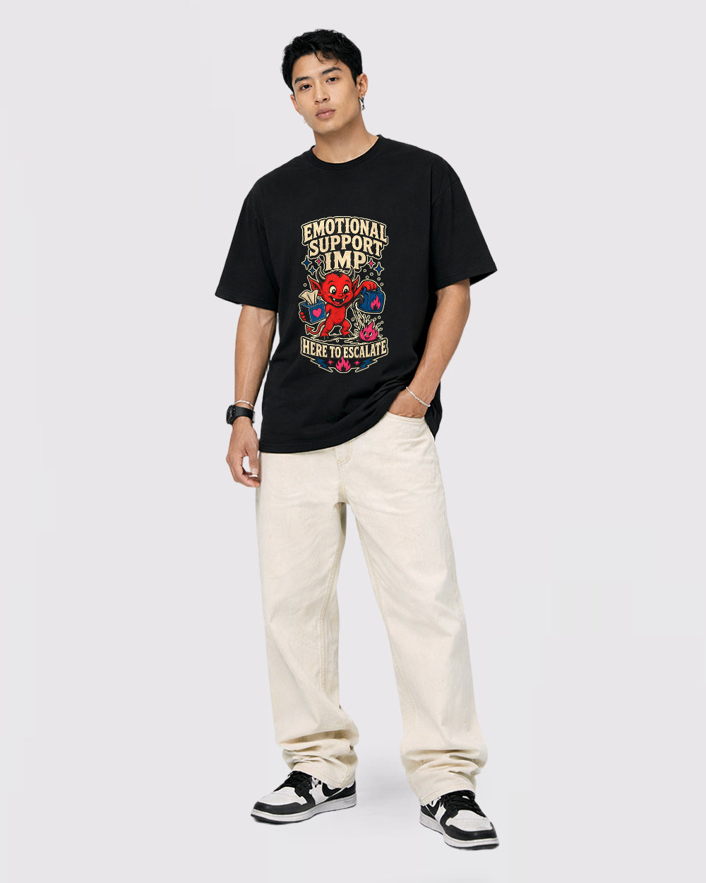Emotional Support Imp, Here To Escalate Retro Graphic T-Shirt, full body fit view, image 2