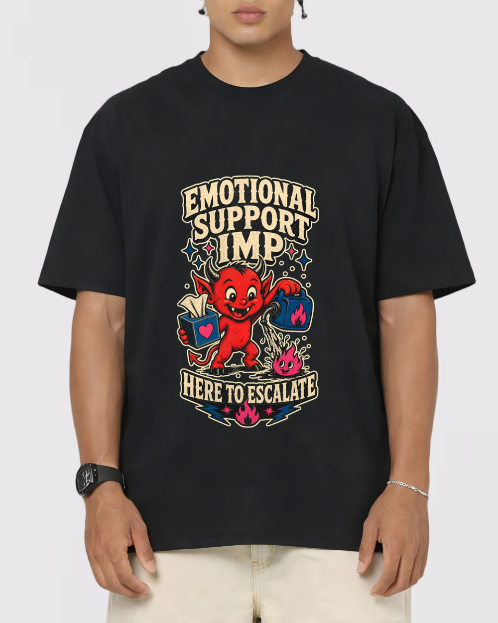 Emotional Support Imp, Here To Escalate Retro Graphic T-Shirt, primary front view, image 1