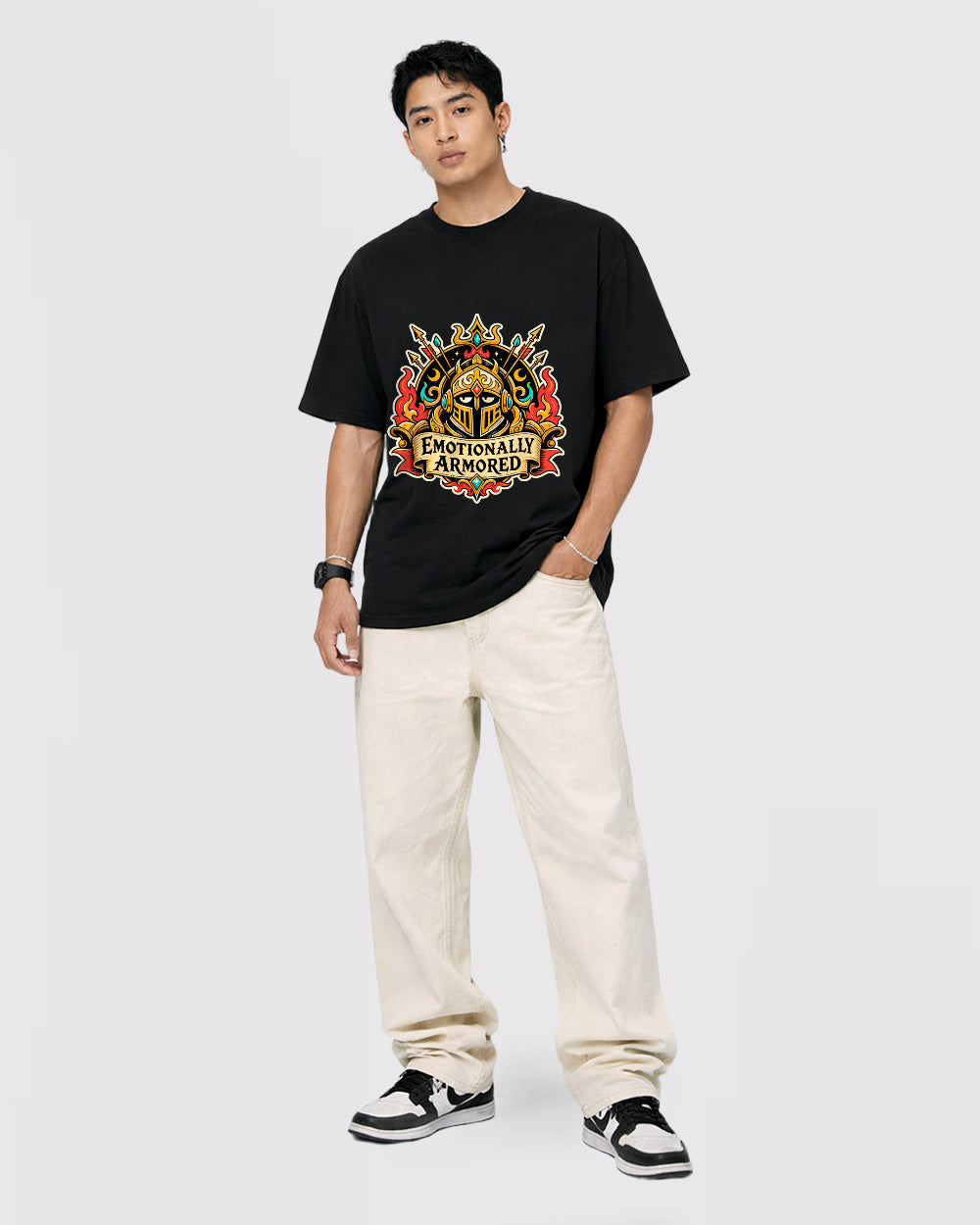 Emotionally Armored Dark Graphic T-Shirt, full body fit view, image 2