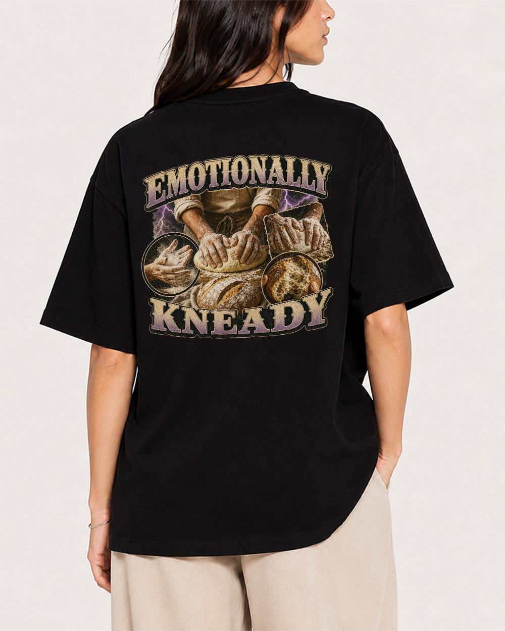 Emotionally Kneady Food Graphic T-Shirt in Black, back model view 1