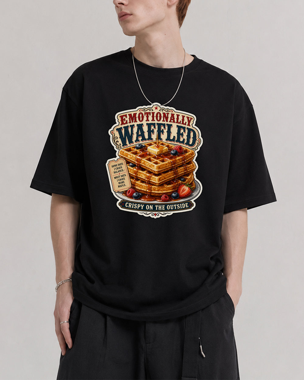 Emotionally Waffled Food Graphic T-Shirt in Black, front model view 5