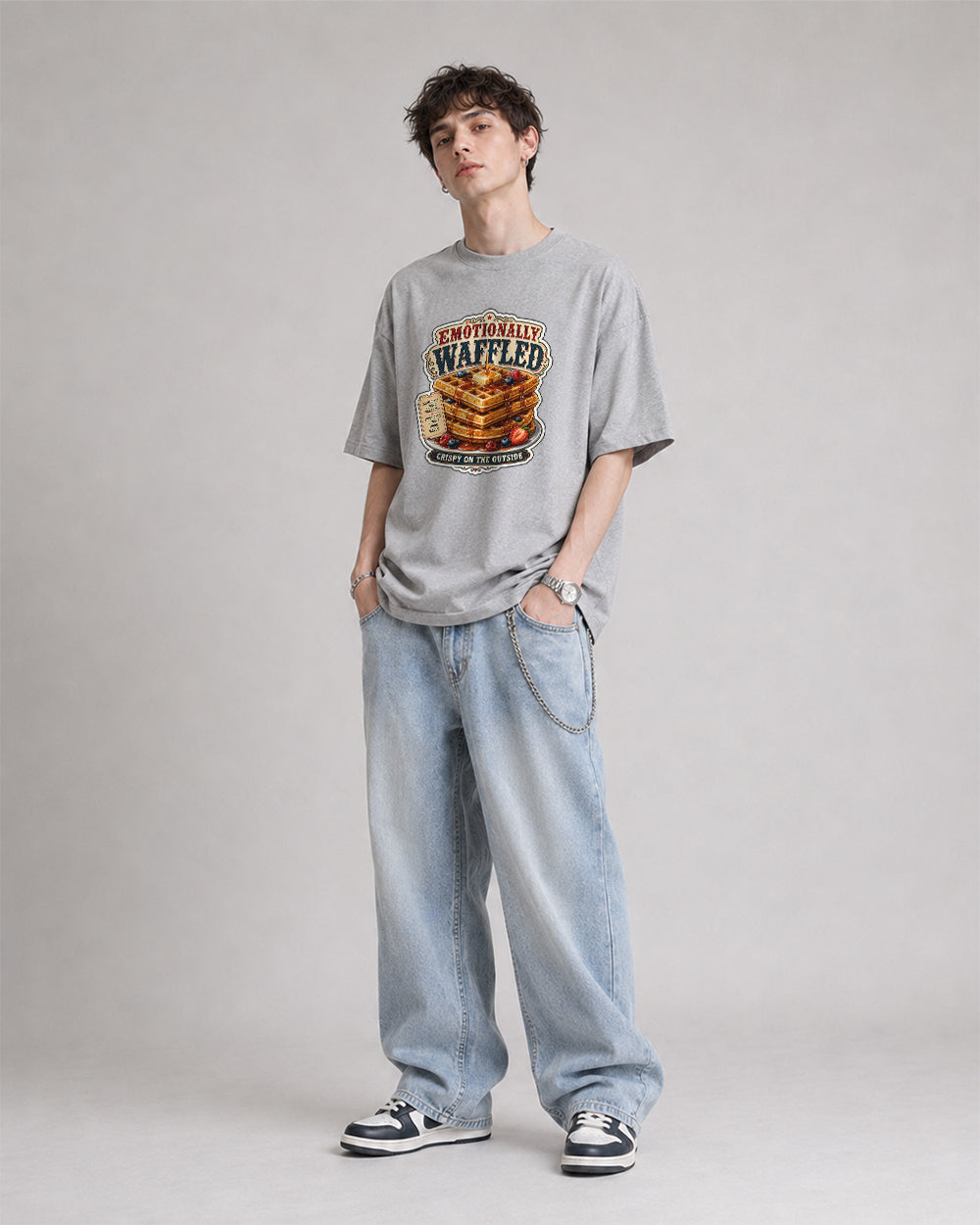 Emotionally Waffled Food Graphic T-Shirt in Gray, front model view 1
