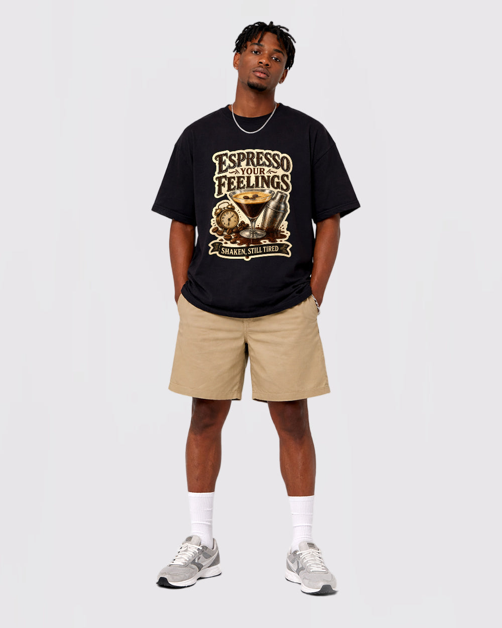 Espresso Your Feelings Food Graphic T-Shirt, full body fit view, image 2