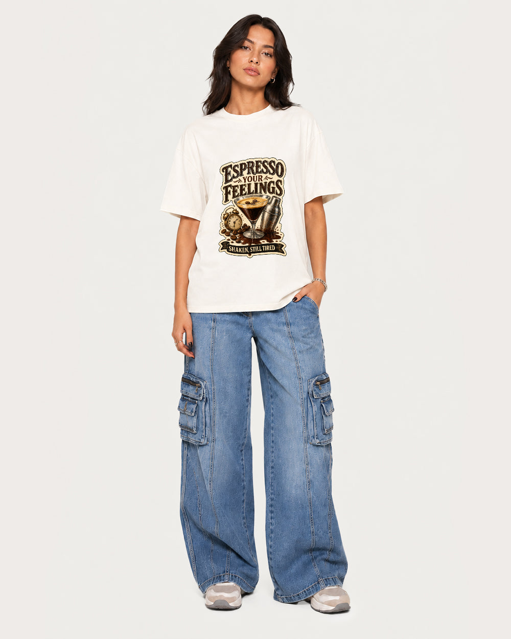 Espresso Your Feelings Food Graphic T-Shirt in White, front model view 1