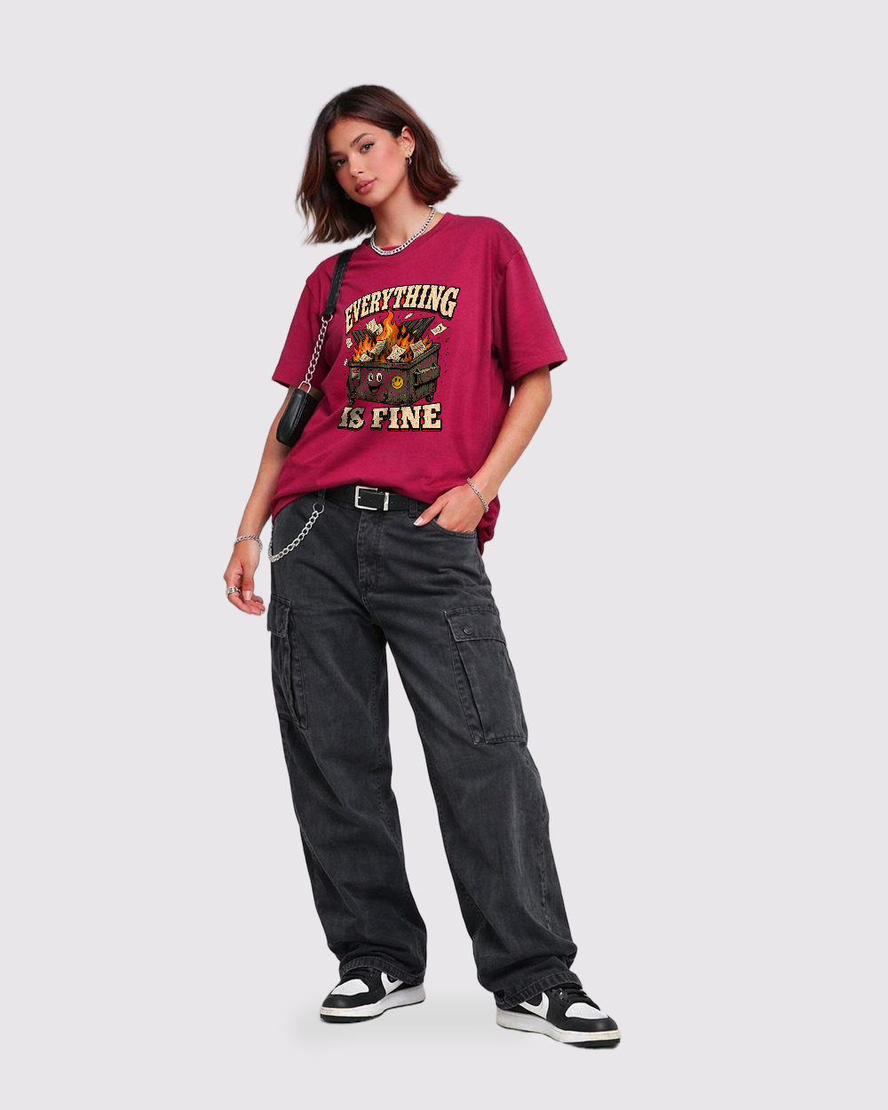 Everything is Fine Retro Graphic T-Shirt, full body fit view, image 2