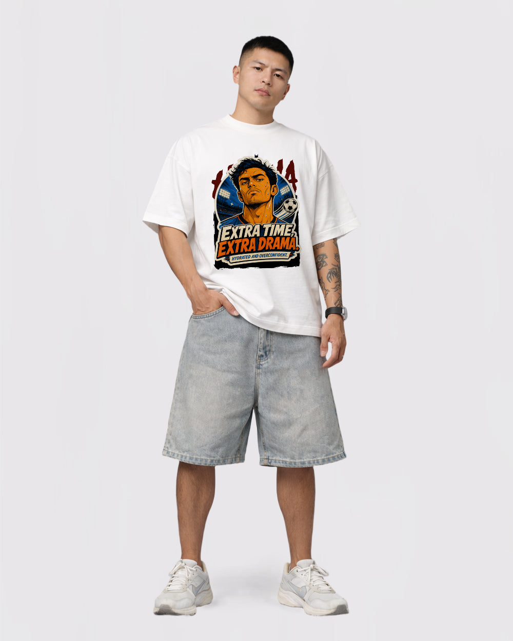 Beige Extra Time Extra Drama Graphic T-Shirt full body fit view 2 image