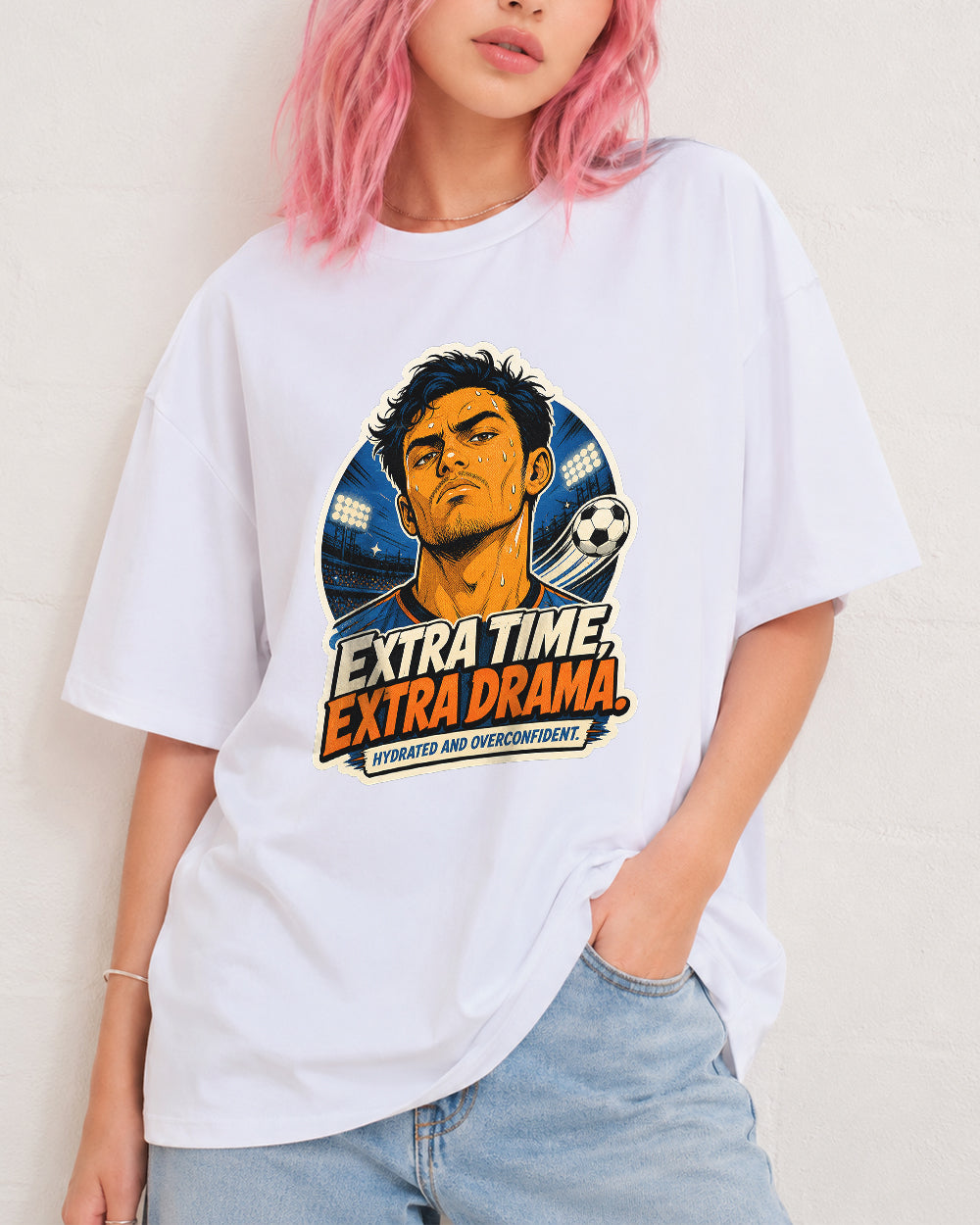 Extra Time Extra Drama Graphic T-Shirt in White, front model view 8