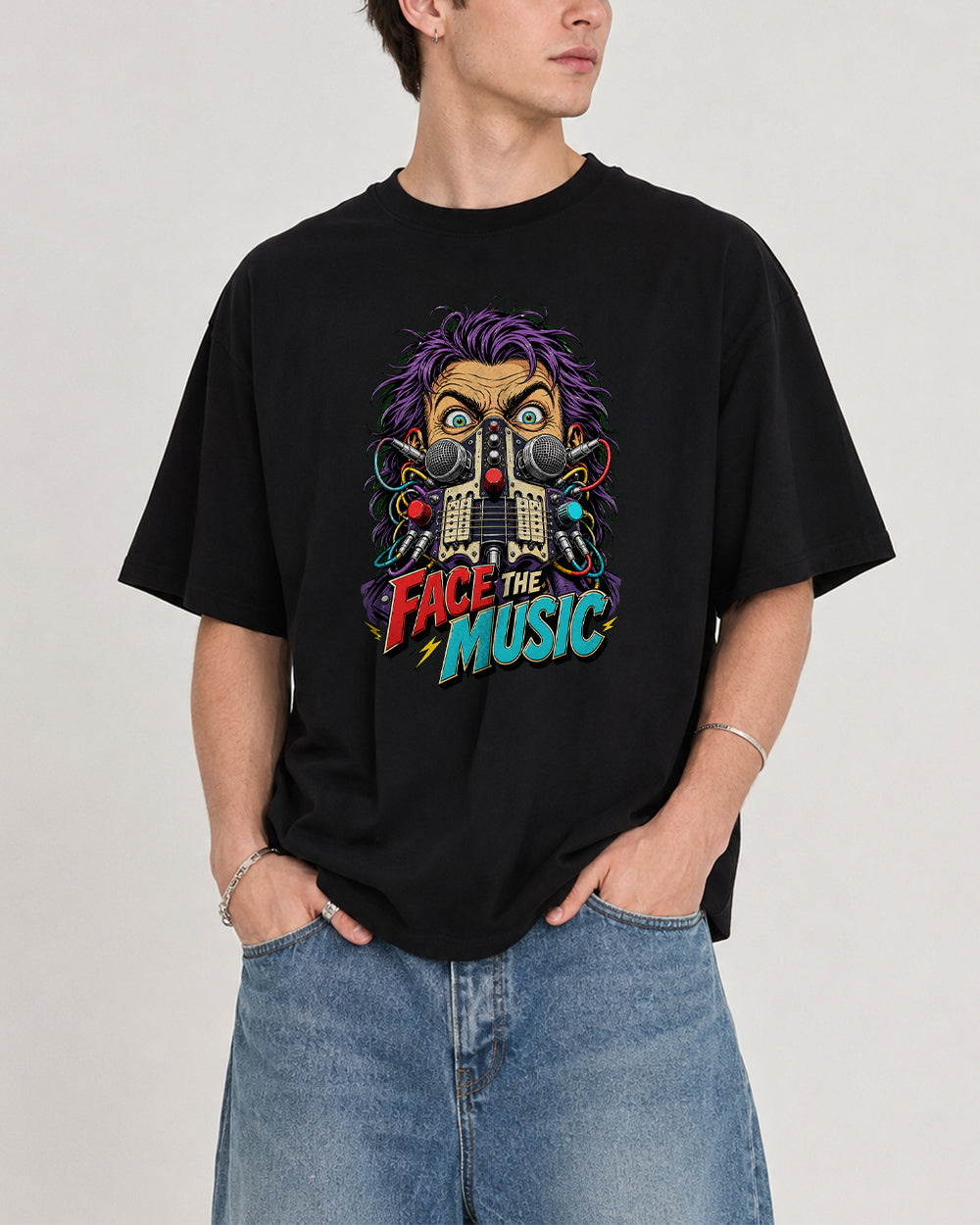 Face the Music Retro Graphic T-Shirt in Black, front model view 1
