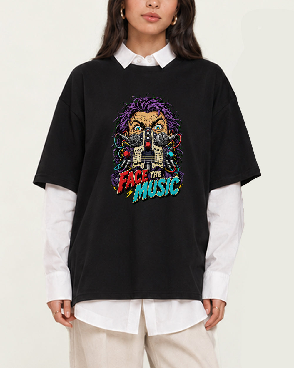 Face the Music Retro Graphic T-Shirt in Black, front model view 2