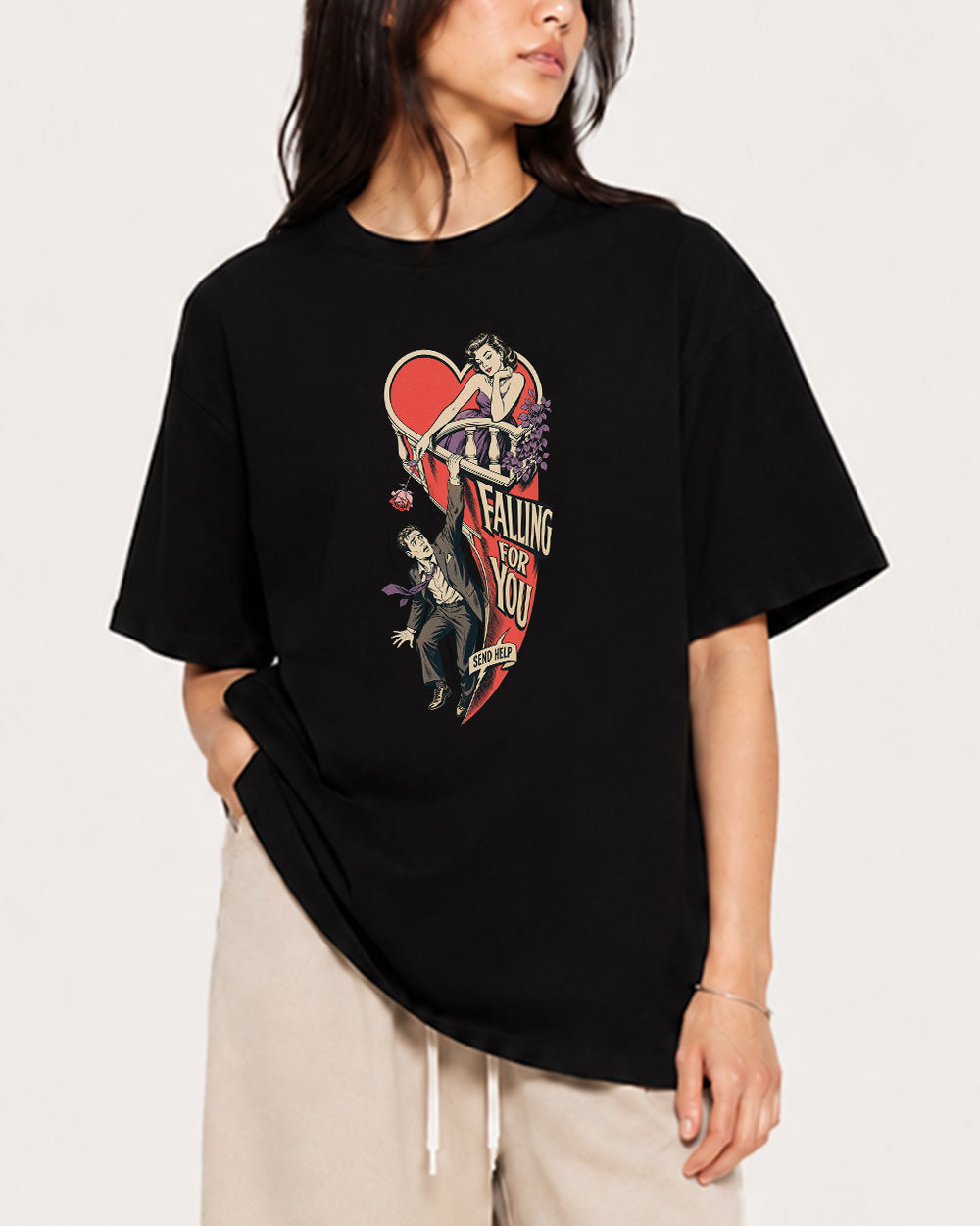 Falling For You, Send Help Funny Graphic T-Shirt in Black, front model view 1
