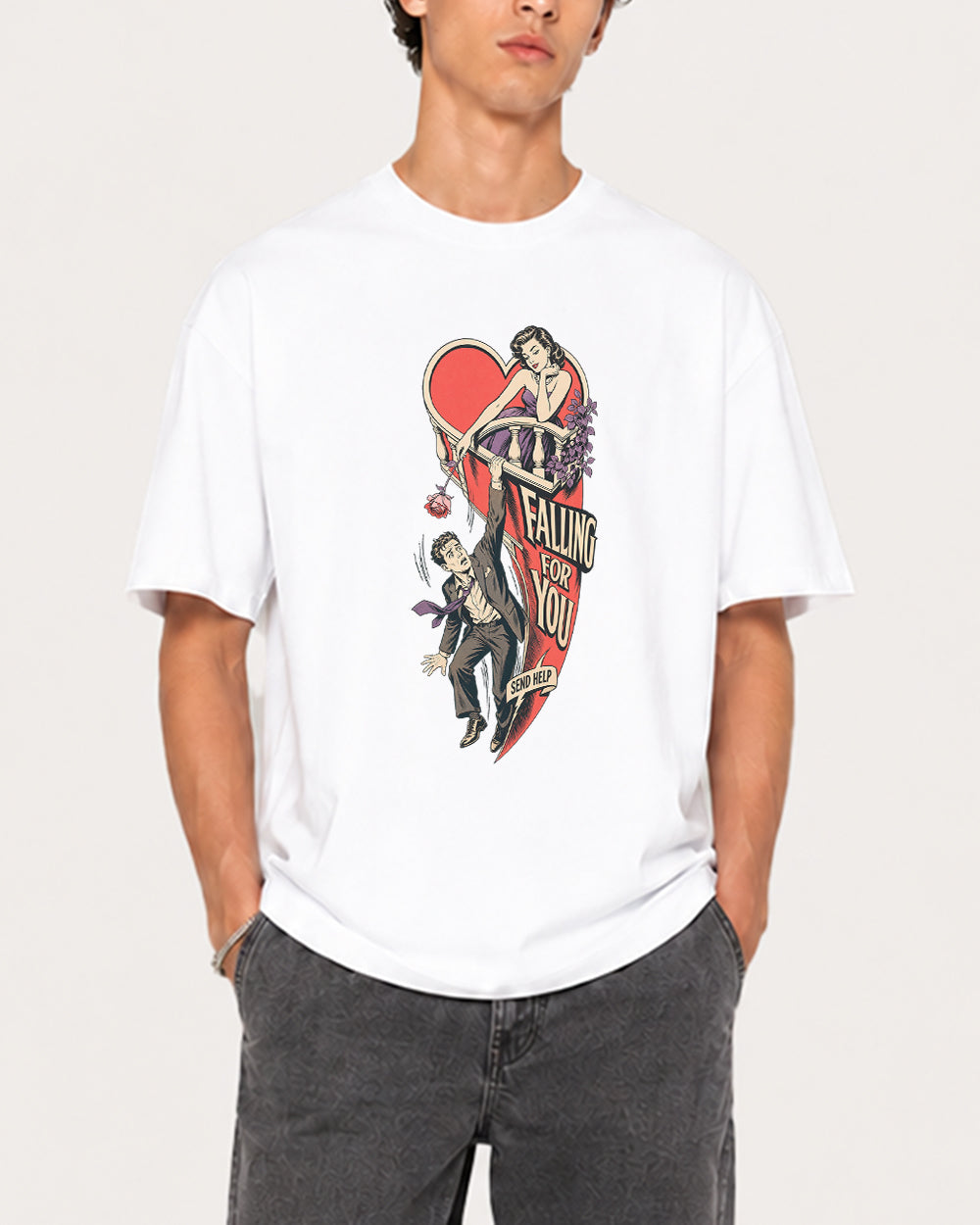 Falling For You, Send Help Funny Graphic T-Shirt in White, front model view 8