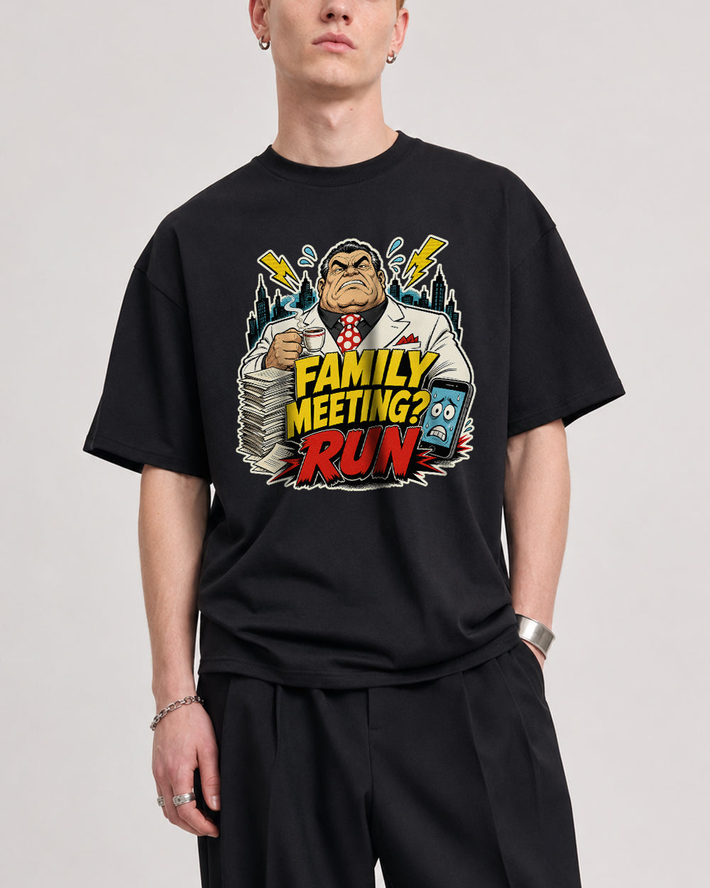 Family Meeting? Run Funny Graphic T-Shirt in Black, front model view 1