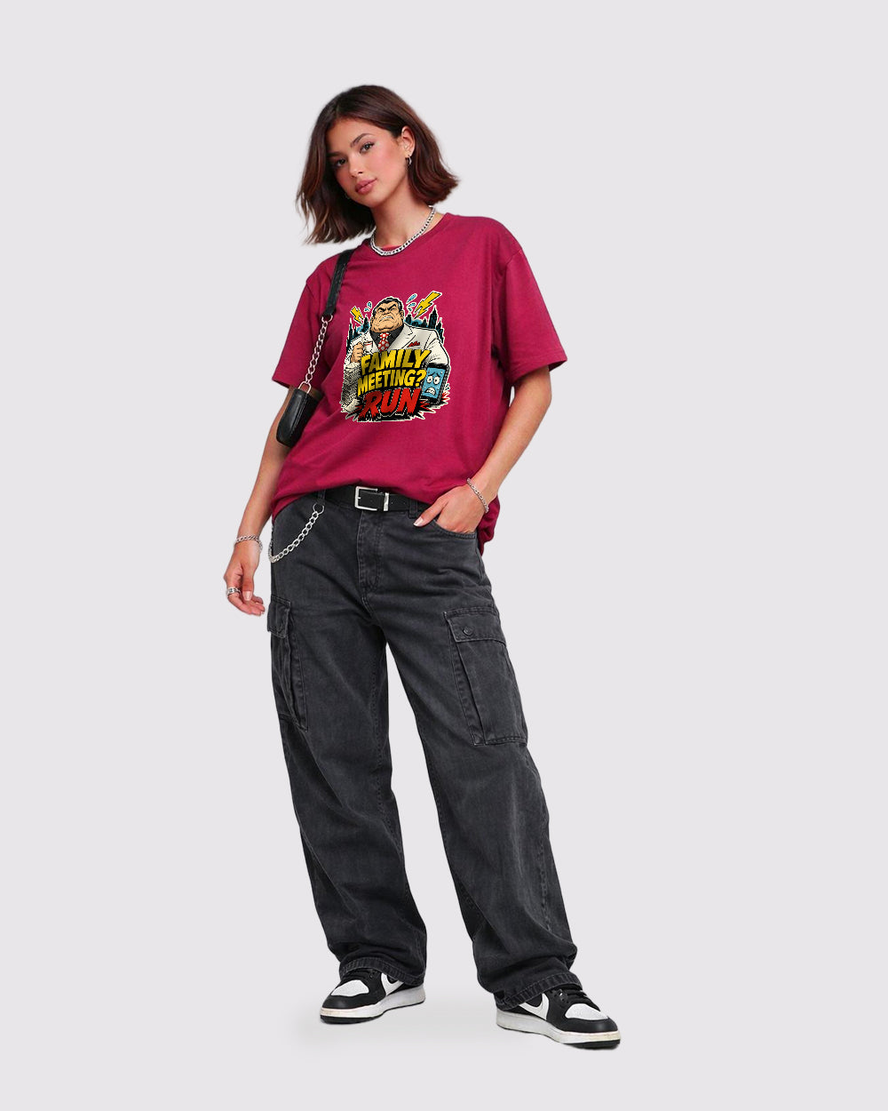 Family Meeting? Run Funny Graphic T-Shirt, full body fit view, image 2
