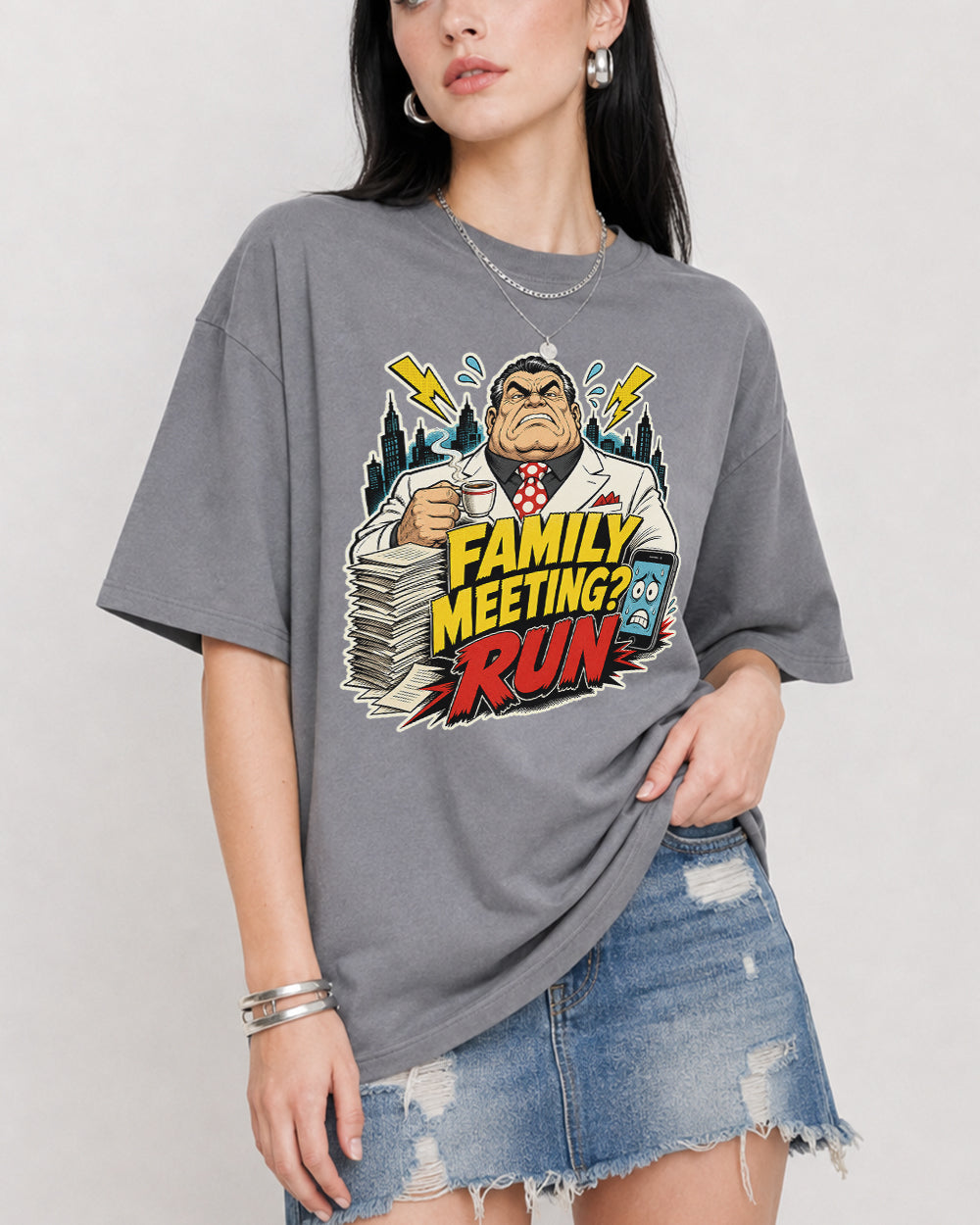 Family Meeting? Run Funny Graphic T-Shirt in Gray, front model view 4
