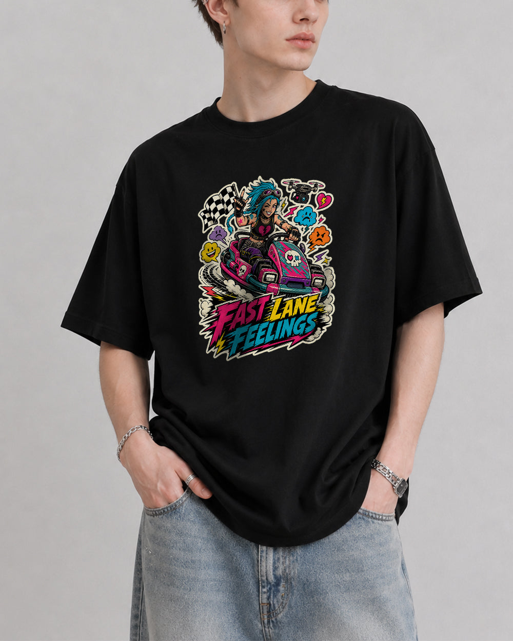 Fast Lane Feelings Streetwear Graphic T-Shirt in Black, front model view 1