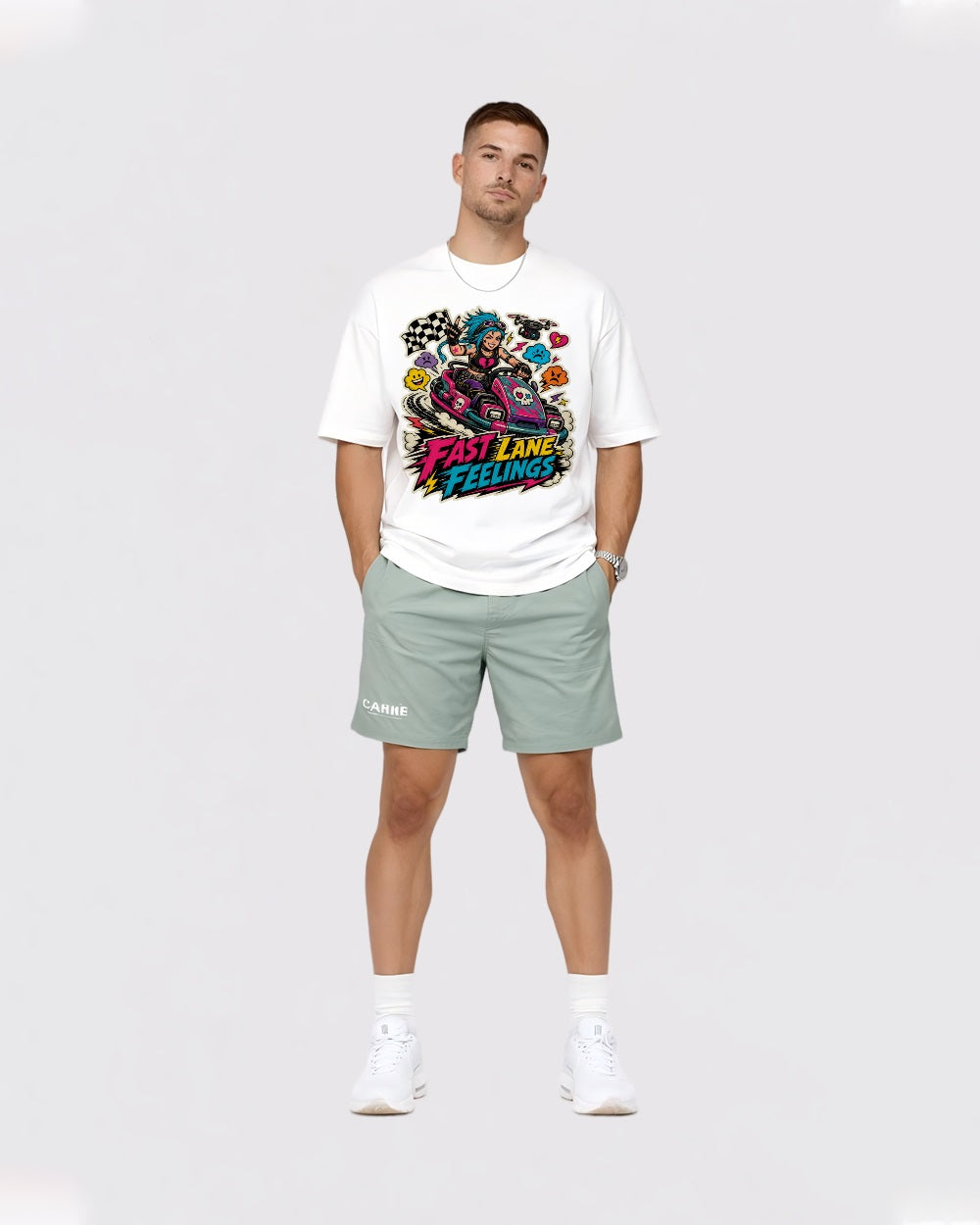 Fast Lane Feelings Streetwear Graphic T-Shirt, full body fit view, image 2