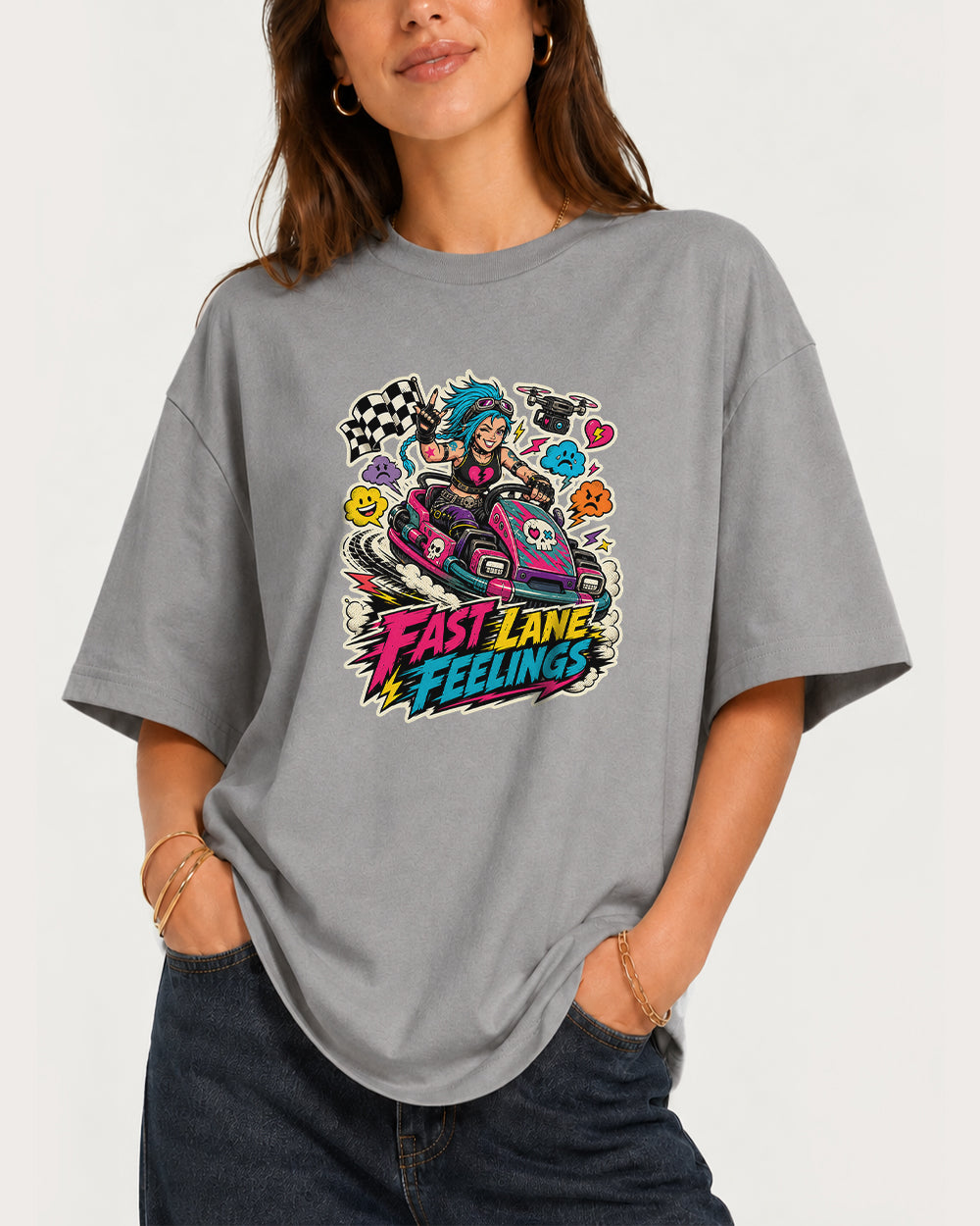 Fast Lane Feelings Streetwear Graphic T-Shirt in Gray, front model view 3