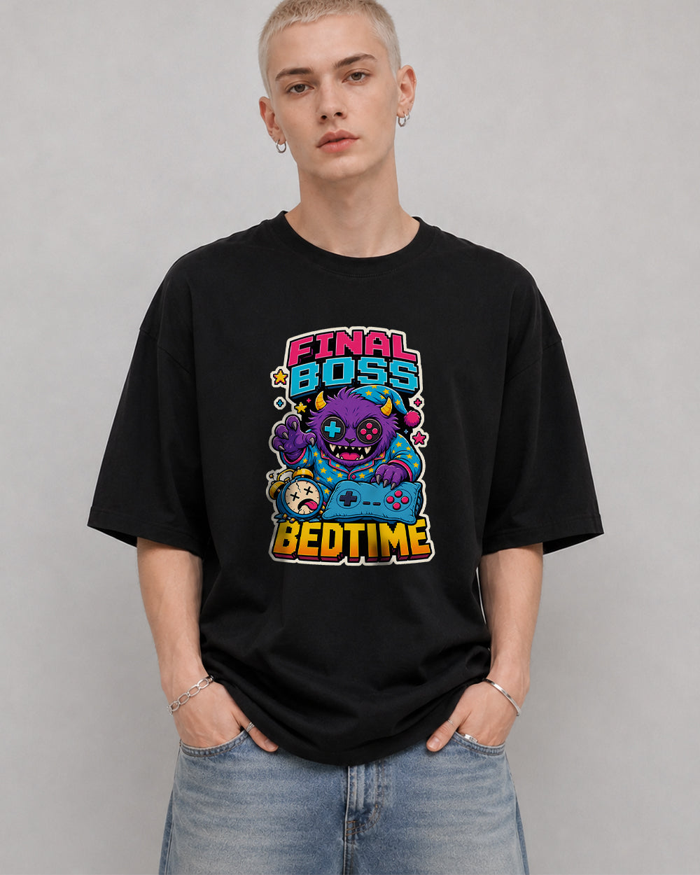 Final Boss Bedtime Gaming Graphic T-Shirt in Black, front model view 1