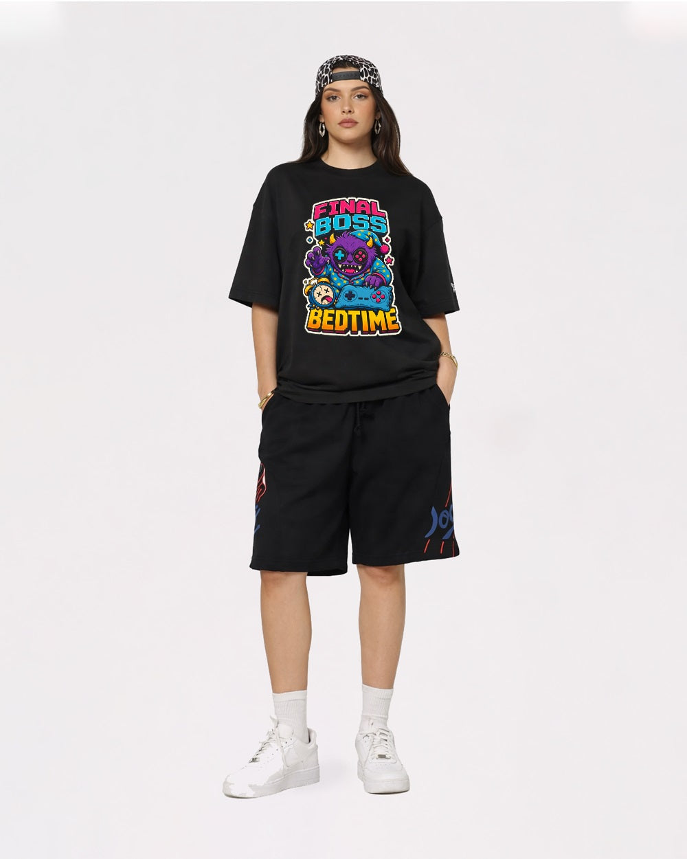 Final Boss Bedtime Gaming Graphic T-Shirt, full body fit view, image 2