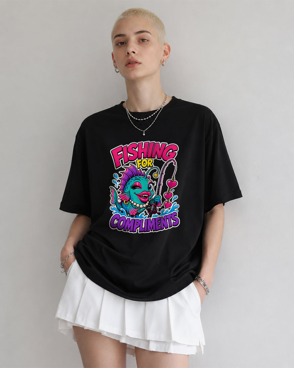Fishing for Compliments Graphic T-Shirt in Black, front model view 1