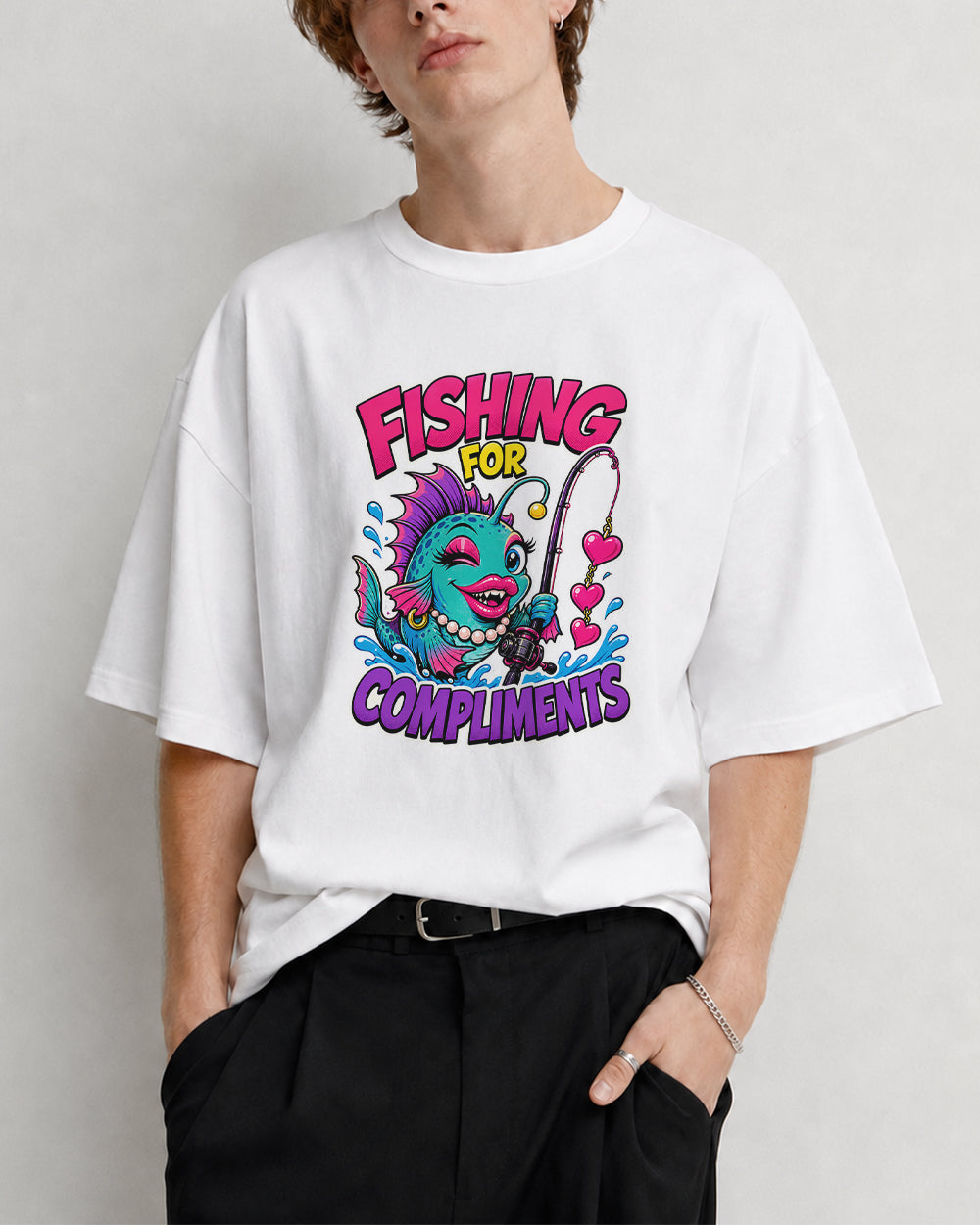Fishing for Compliments Graphic T-Shirt in White, front model view 8