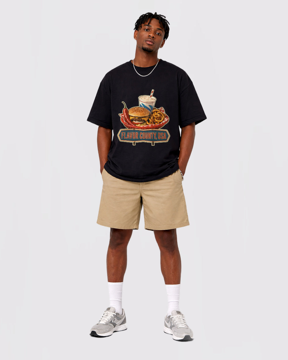 Flavor County USA Food Graphic T-Shirt, full body fit view, image 2