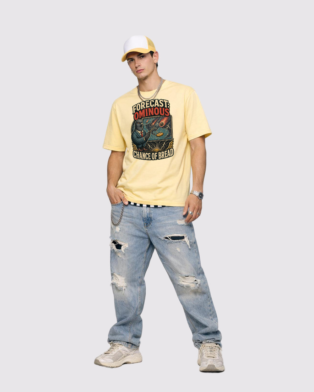Beige Forecast Ominous Chance of Bread Graphic T-Shirt full body fit view 2 image