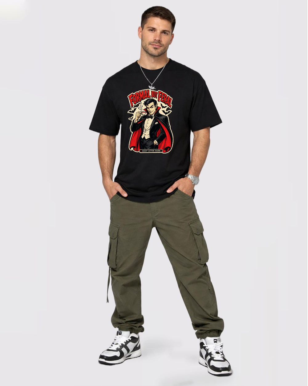 Formalwear, RSVP After Dark Dark Graphic T-Shirt, full body fit view, image 2