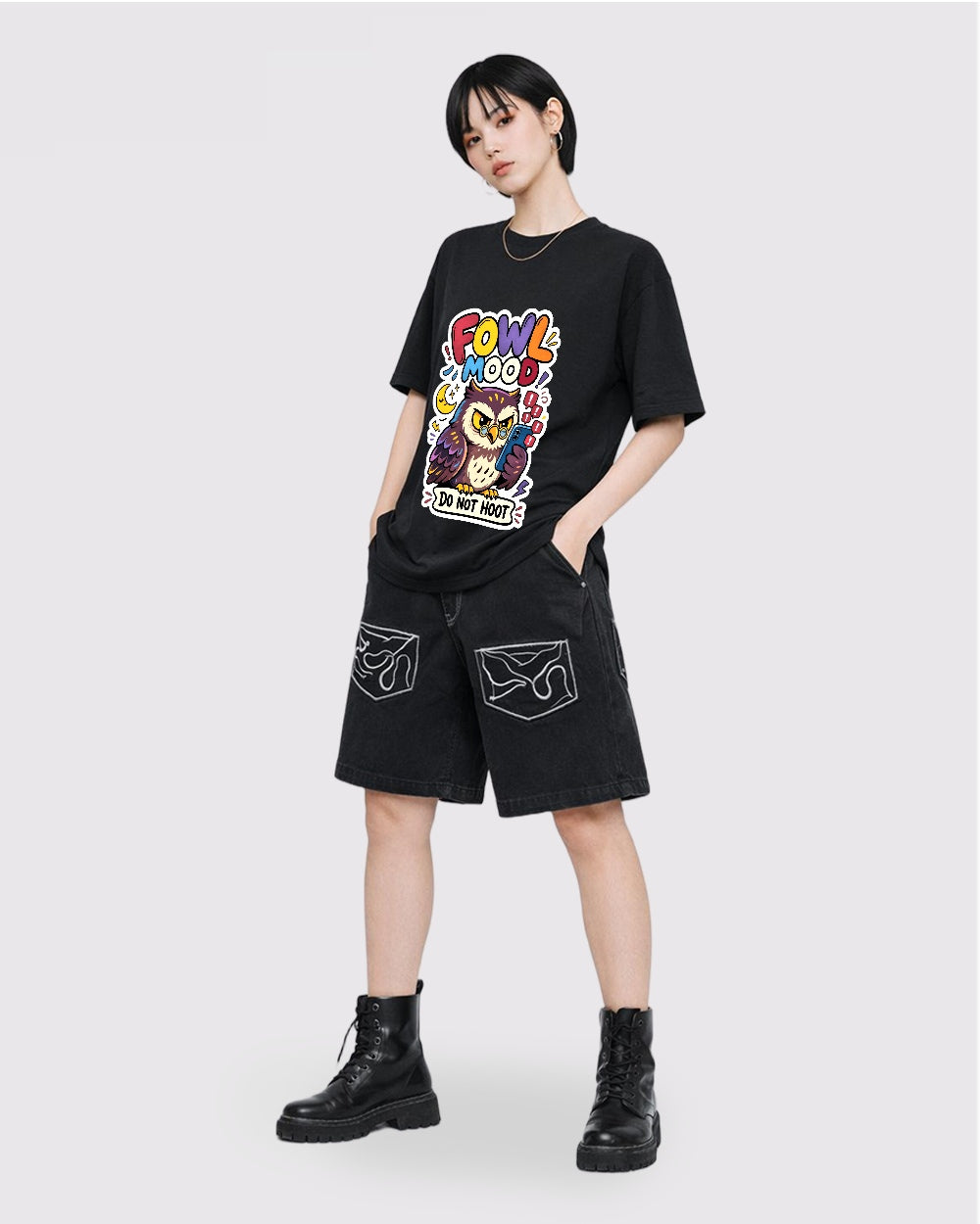 Beige Fowl Mood Funny Bird Graphic T-Shirt full body fit view 2 image