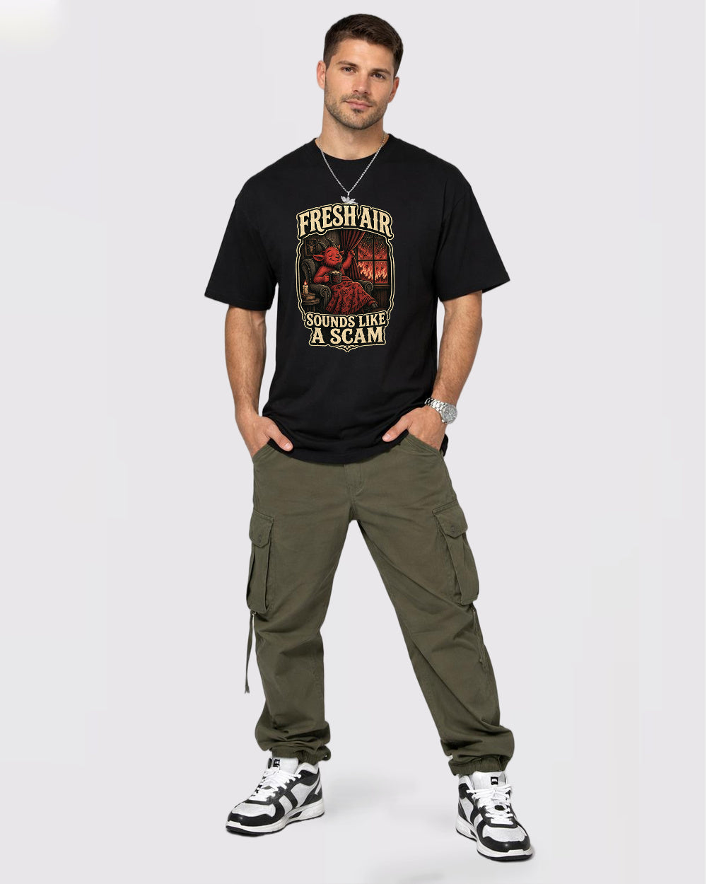 Fresh Air Sounds Like A Scam Retro Graphic T-Shirt, full body fit view, image 2